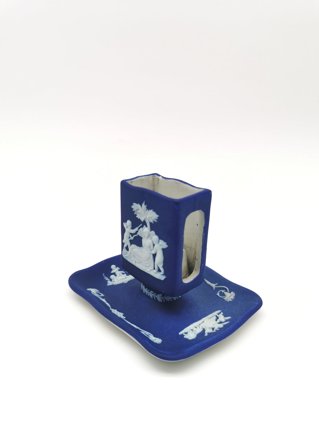 Antique Wedgwood Cobalt Blue Jasperware Matchbox Holder Sleeve and Tray