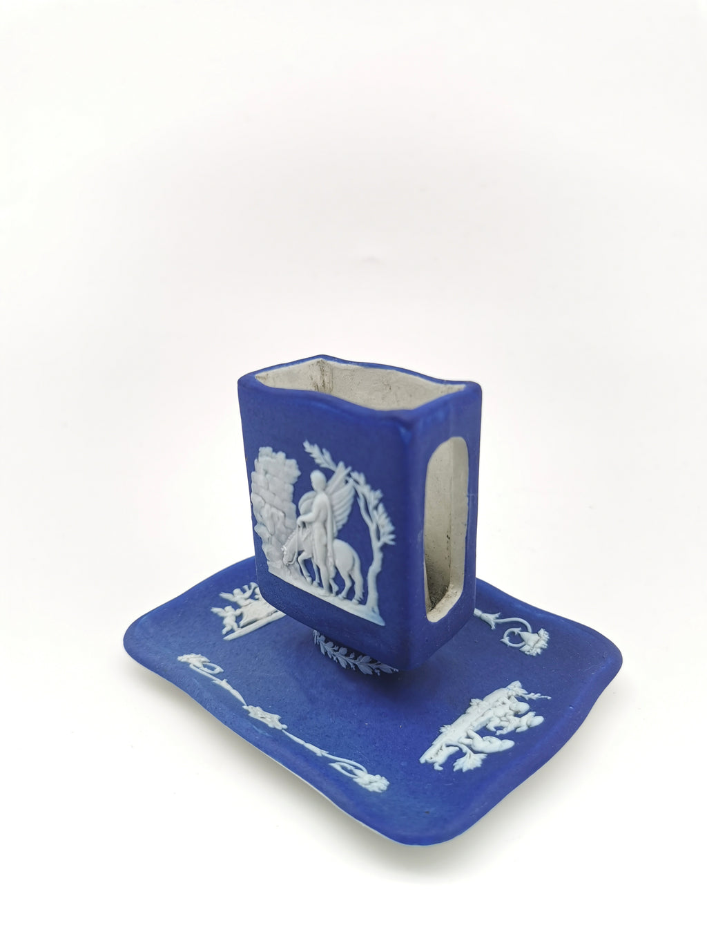 Antique Wedgwood Cobalt Blue Jasperware Matchbox Holder Sleeve and Tray