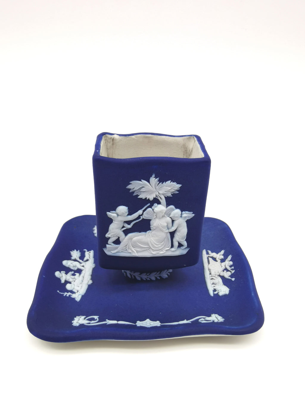 Antique Wedgwood Cobalt Blue Jasperware Matchbox Holder Sleeve and Tray