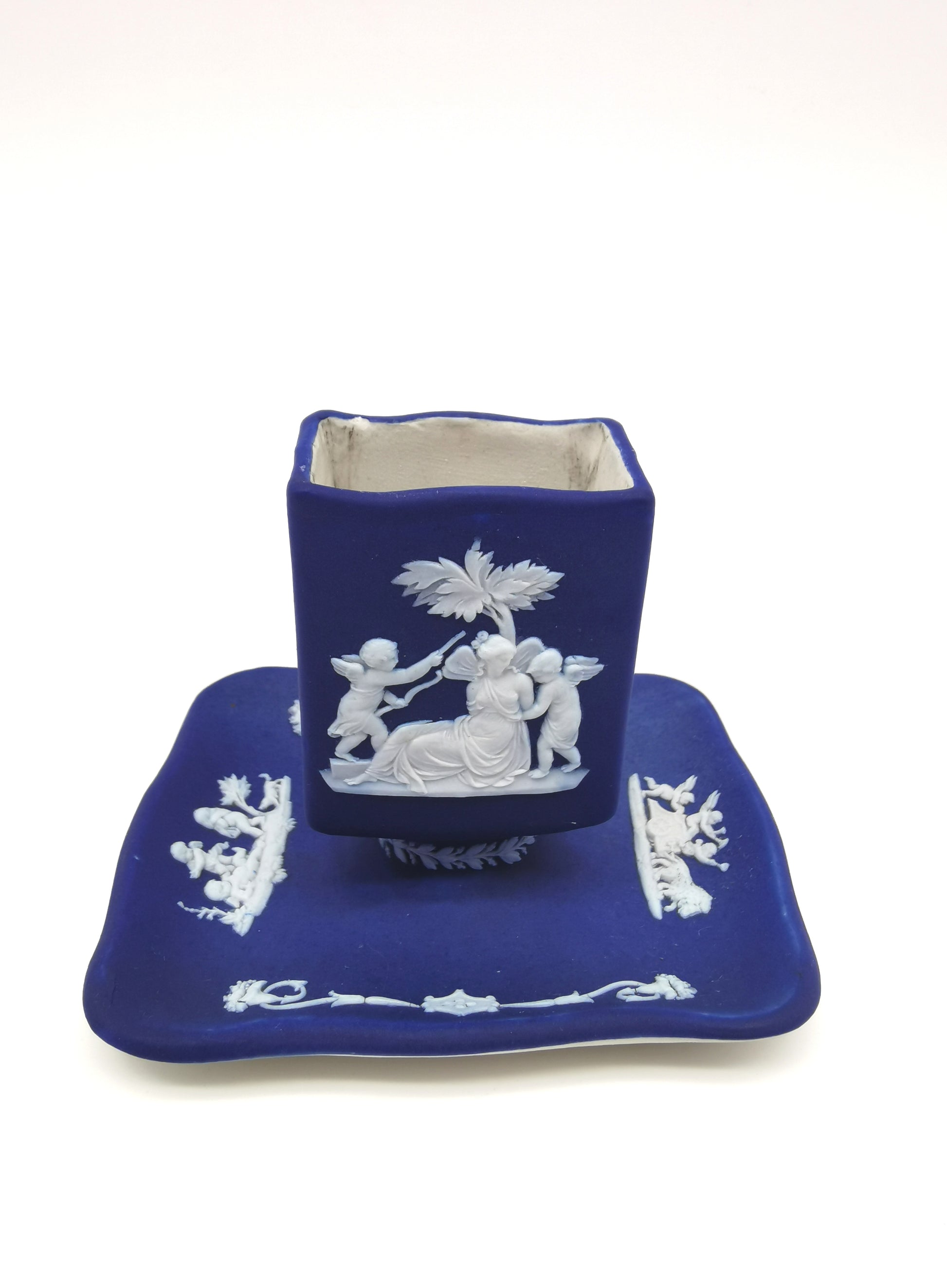 Antique Wedgwood Cobalt Blue Jasperware Matchbox Holder Sleeve and Tray