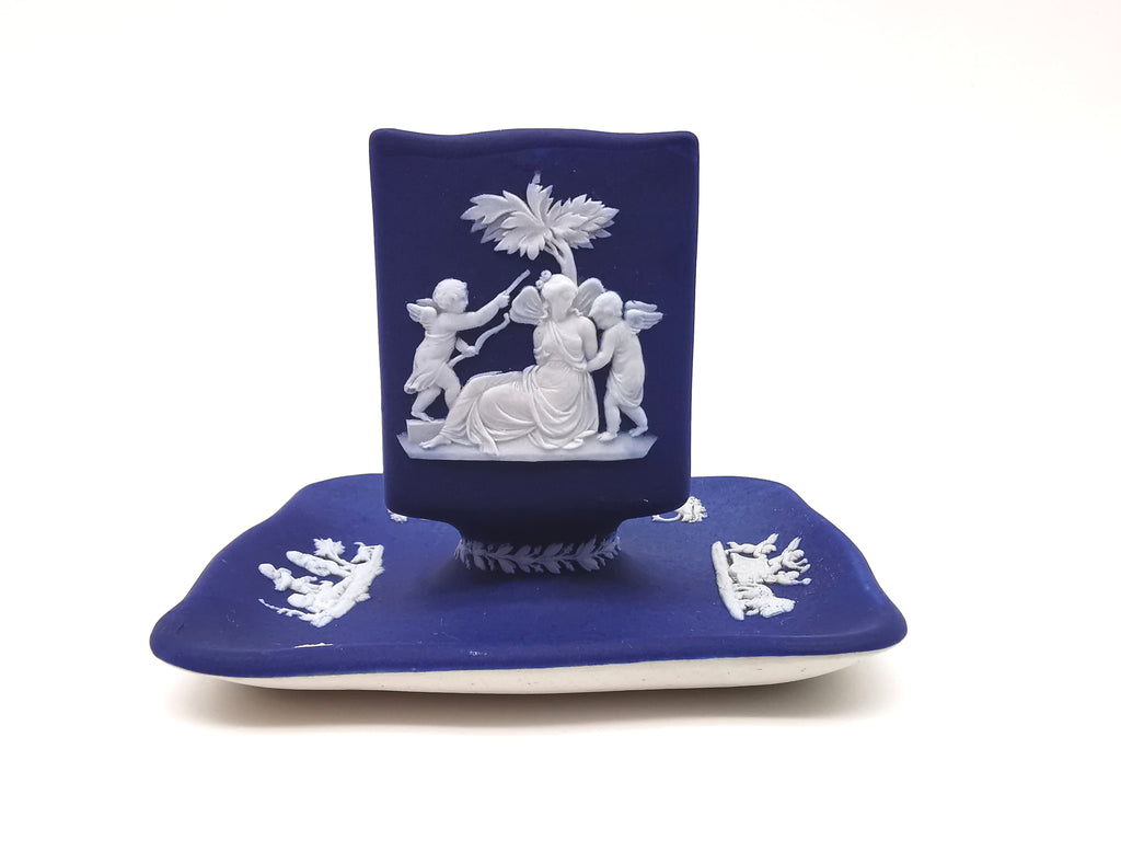 Antique Wedgwood Cobalt Blue Jasperware Matchbox Holder Sleeve and Tray