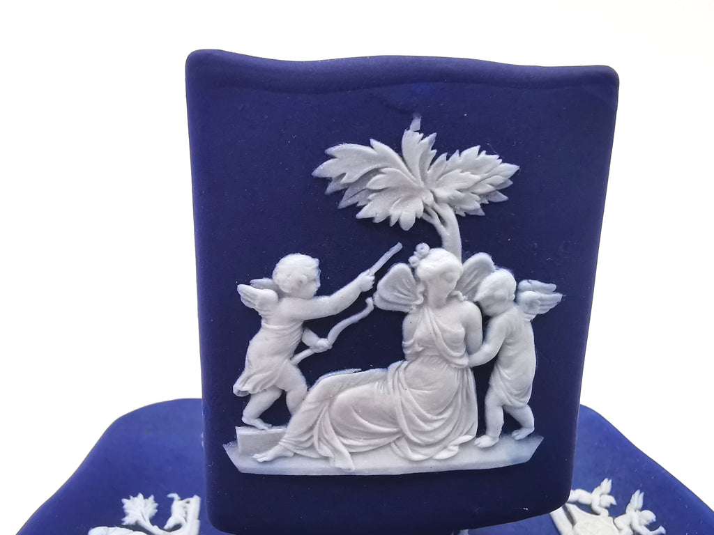 Antique Wedgwood Cobalt Blue Jasperware Matchbox Holder Sleeve and Tray