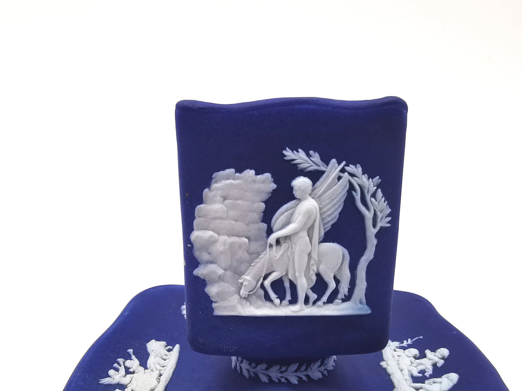 Antique Wedgwood Cobalt Blue Jasperware Matchbox Holder Sleeve and Tray