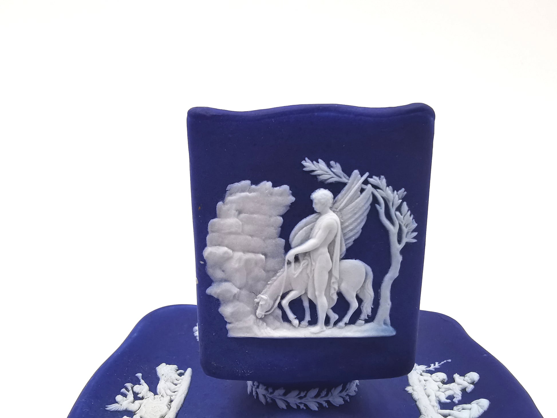 Antique Wedgwood Cobalt Blue Jasperware Matchbox Holder Sleeve and Tray