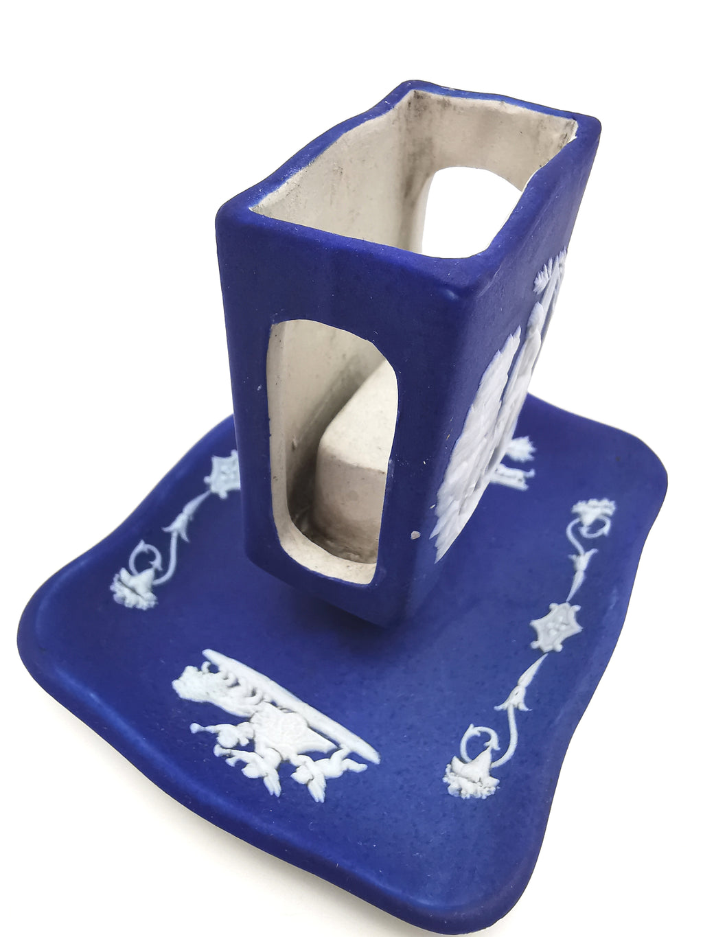 Antique Wedgwood Cobalt Blue Jasperware Matchbox Holder Sleeve and Tray