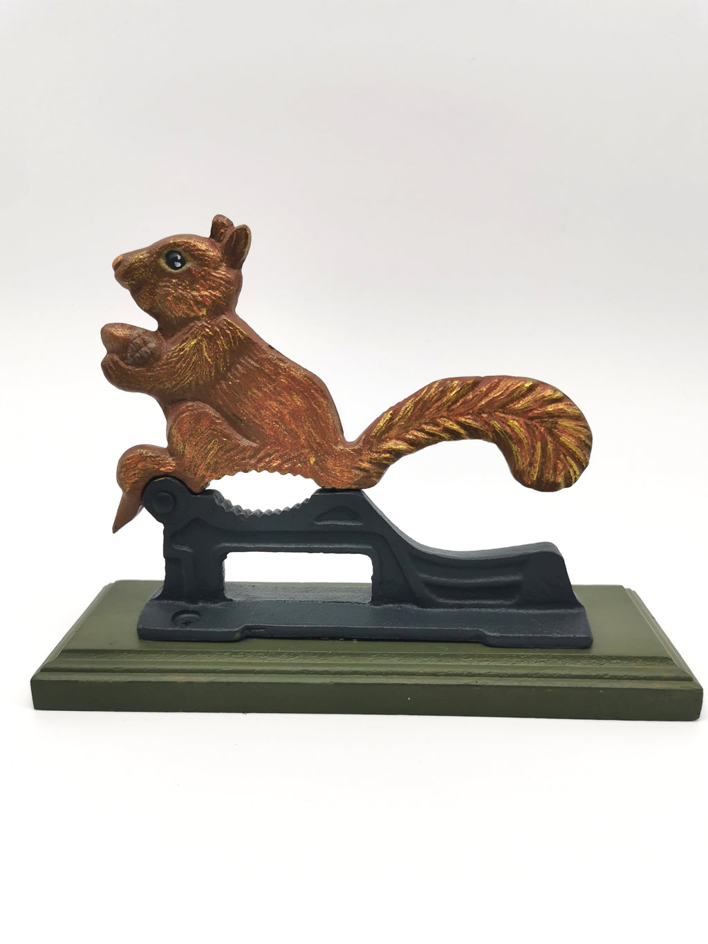 Restored Vintage Cast Iron Squirrel Nutcracker – Hand-Painted, Matt Varnished on Wood Base