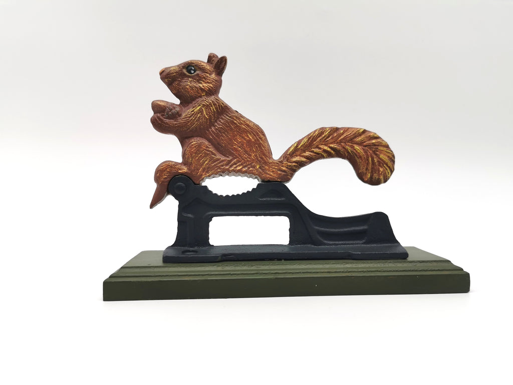 Restored Vintage Cast Iron Squirrel Nutcracker – Hand-Painted, Matt Varnished on Wood Base