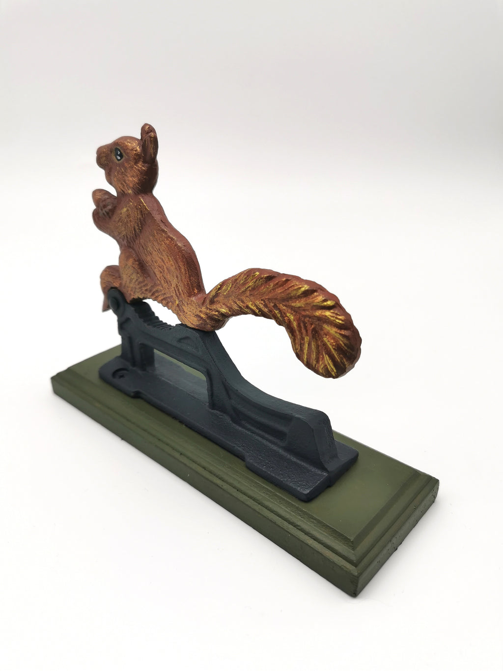 Restored Vintage Cast Iron Squirrel Nutcracker – Hand-Painted, Matt Varnished on Wood Base