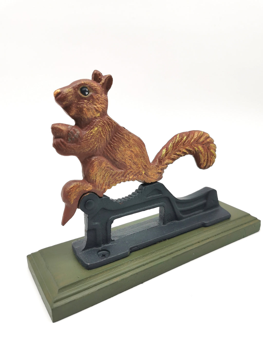 Restored Vintage Cast Iron Squirrel Nutcracker – Hand-Painted, Matt Varnished on Wood Base