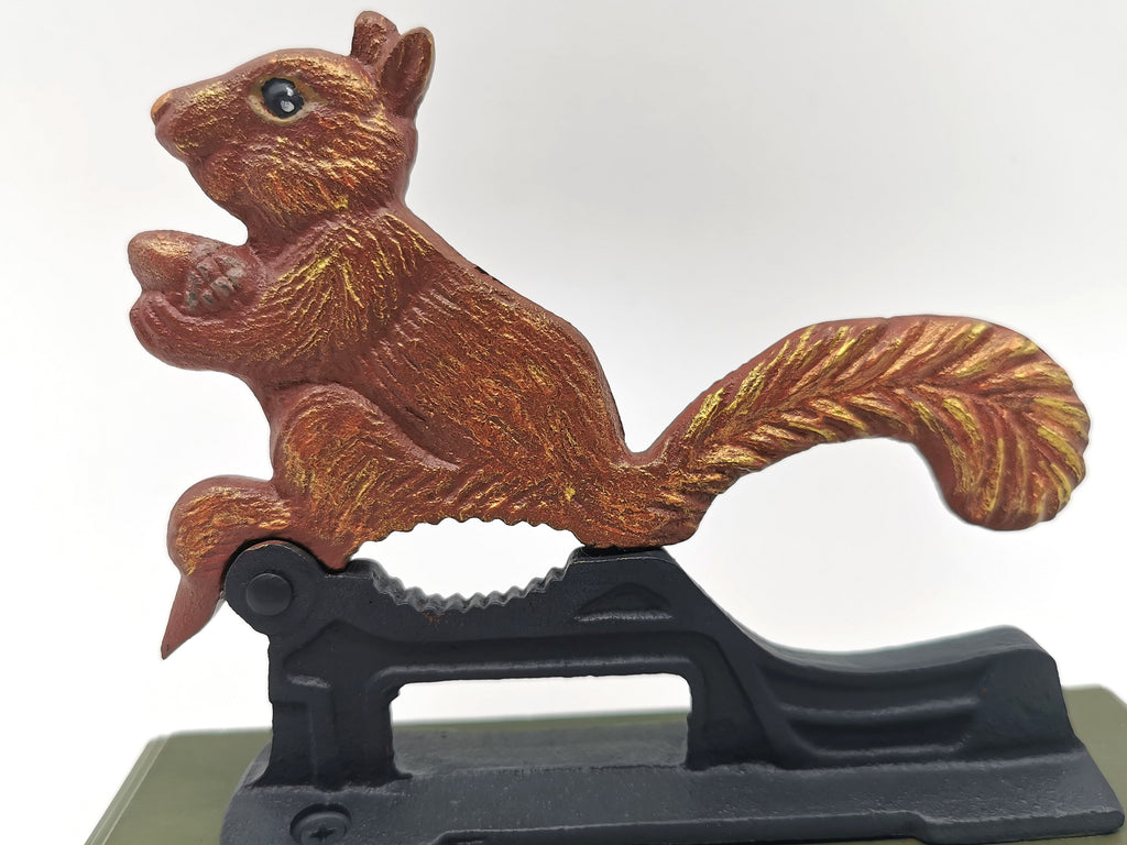 Restored Vintage Cast Iron Squirrel Nutcracker – Hand-Painted, Matt Varnished on Wood Base