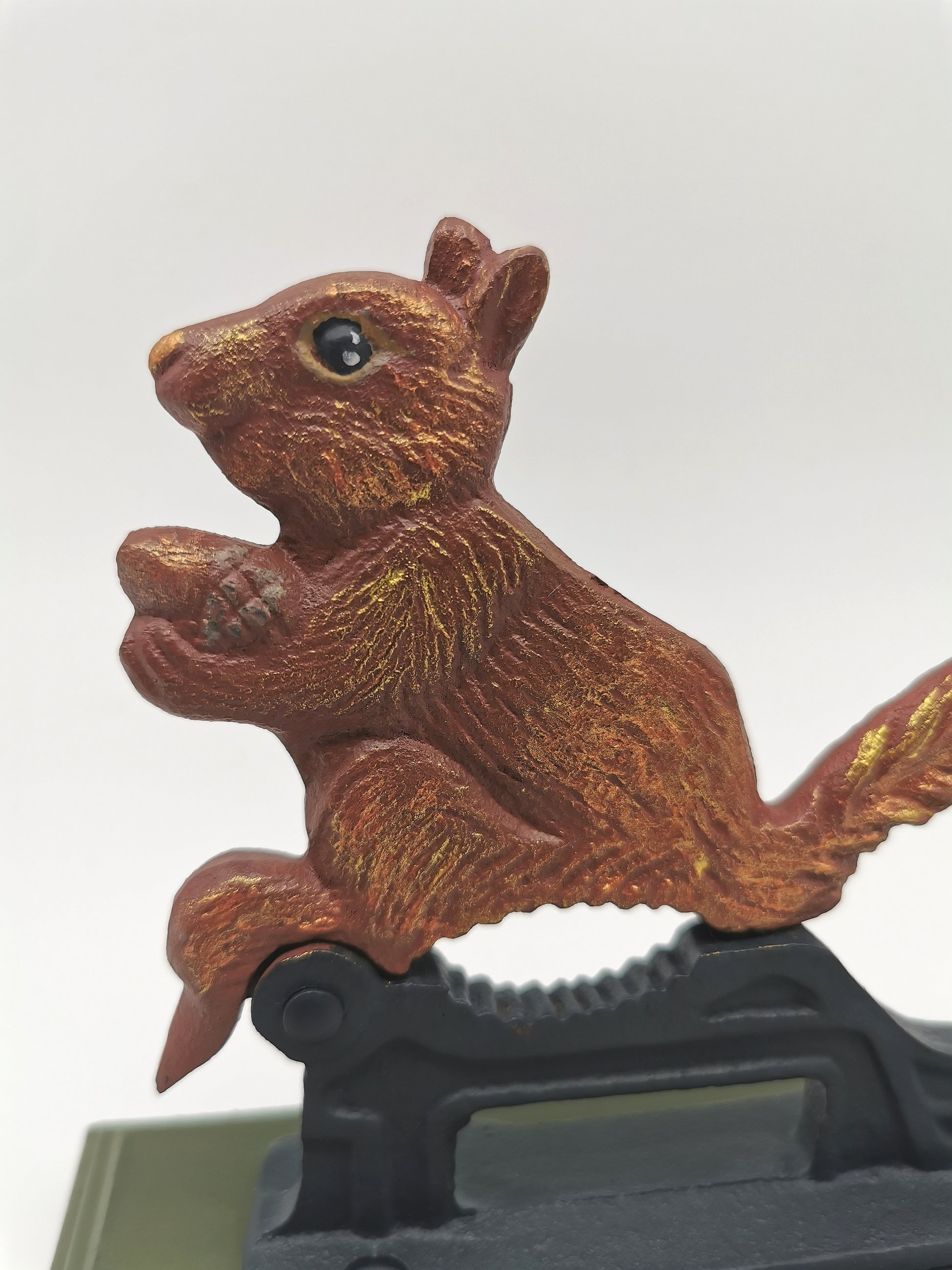Restored Vintage Cast Iron Squirrel Nutcracker – Hand-Painted, Matt Varnished on Wood Base