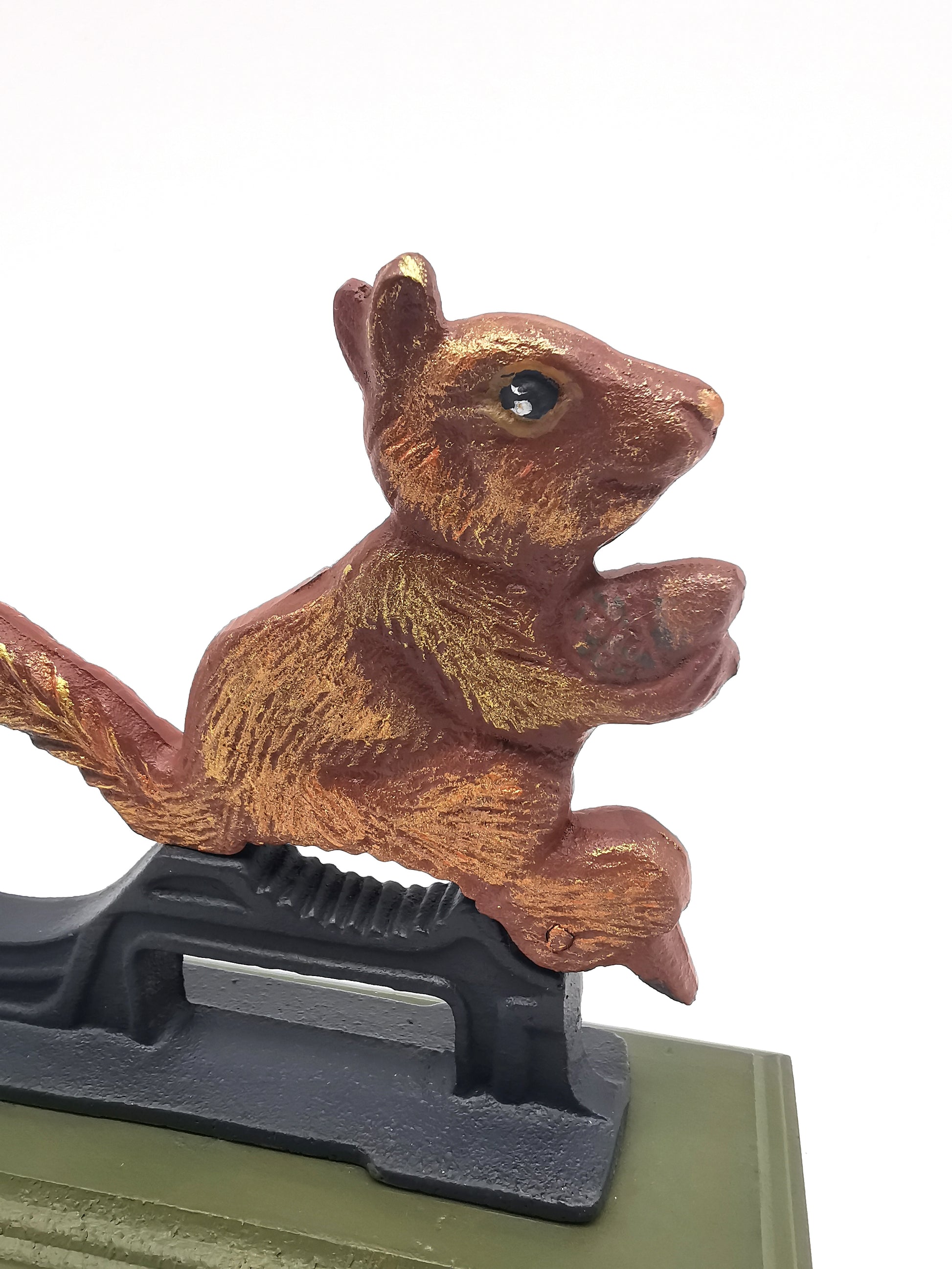 Restored Vintage Cast Iron Squirrel Nutcracker – Hand-Painted, Matt Varnished on Wood Base
