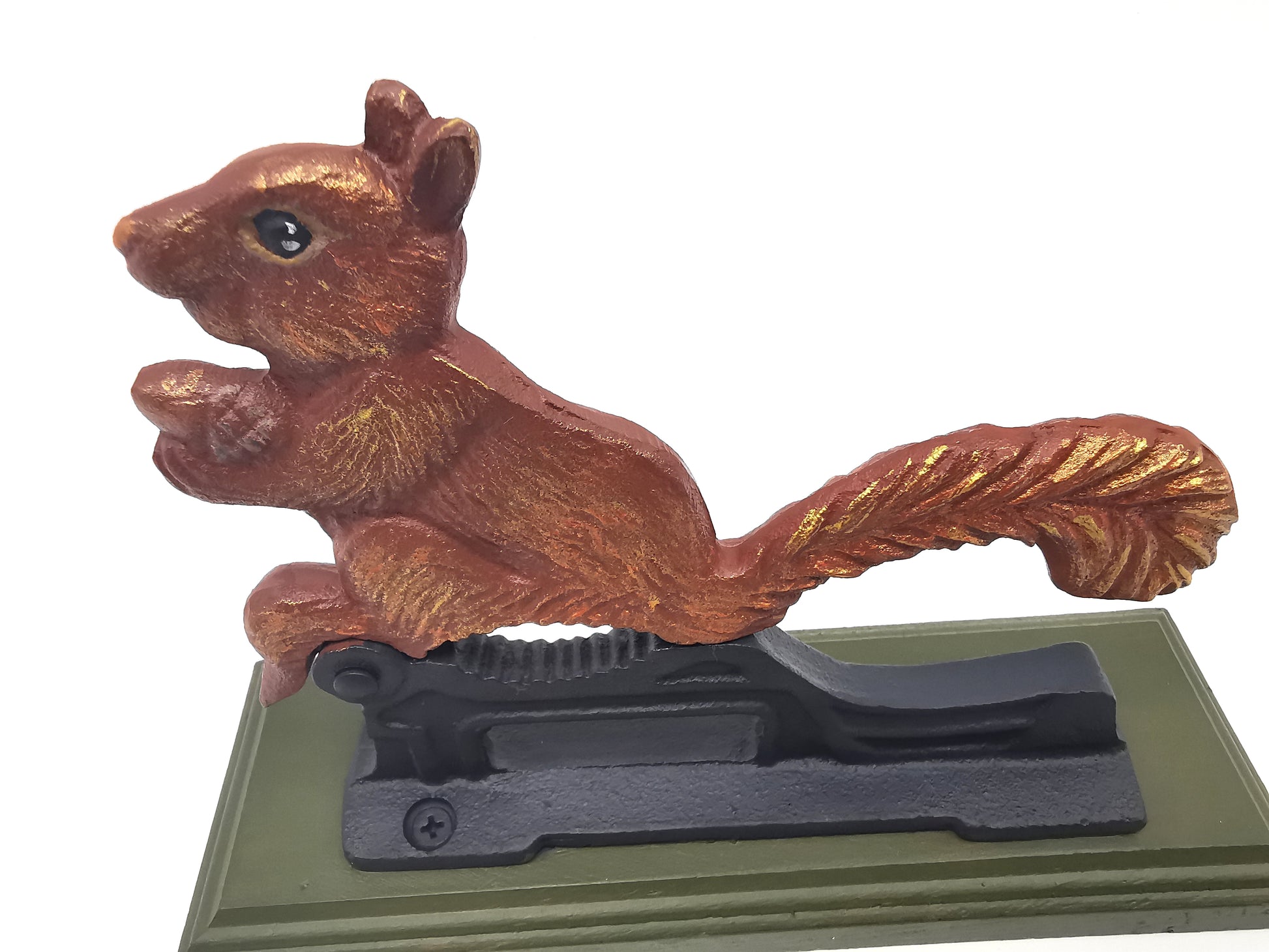 Restored Vintage Cast Iron Squirrel Nutcracker – Hand-Painted, Matt Varnished on Wood Base