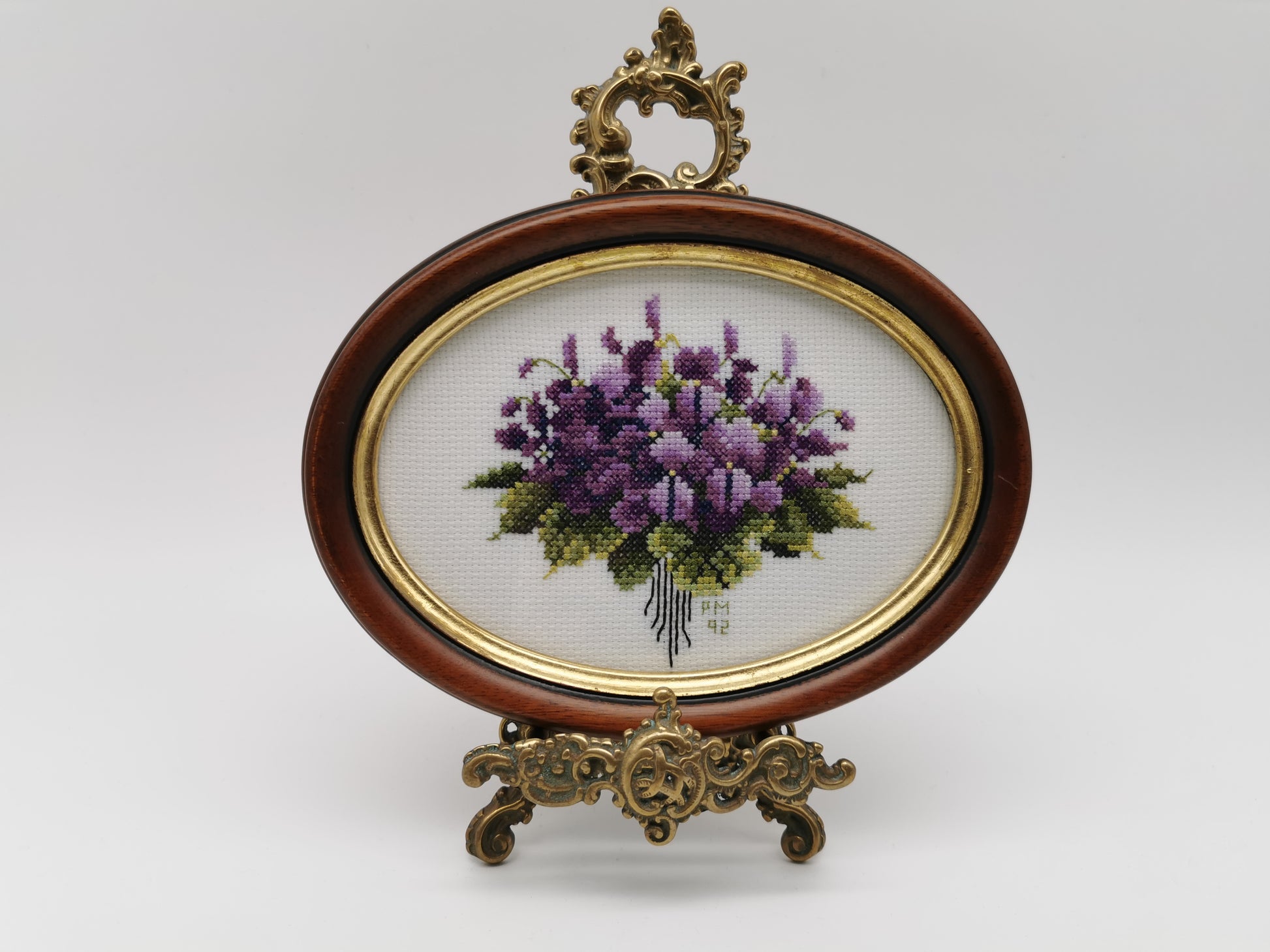 Vintage Hand-Embroidered Sweet Violets Floral Cross Stitch