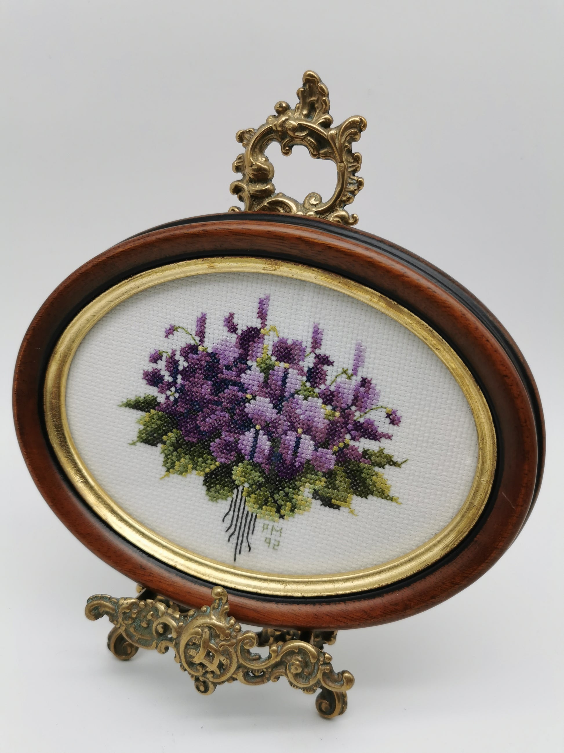 Vintage Hand-Embroidered Sweet Violets Floral Cross Stitch