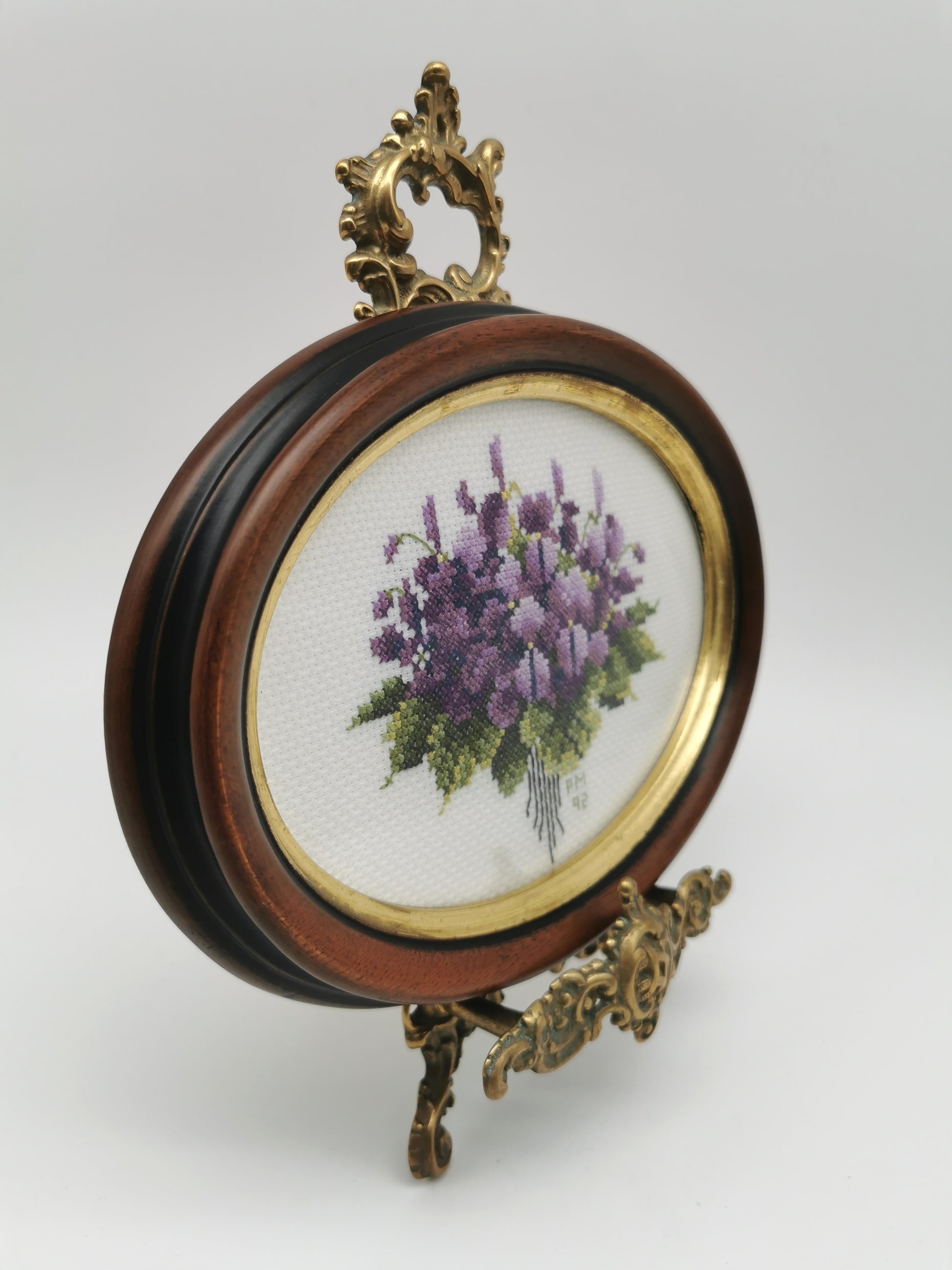 Vintage Hand-Embroidered Sweet Violets Floral Cross Stitch