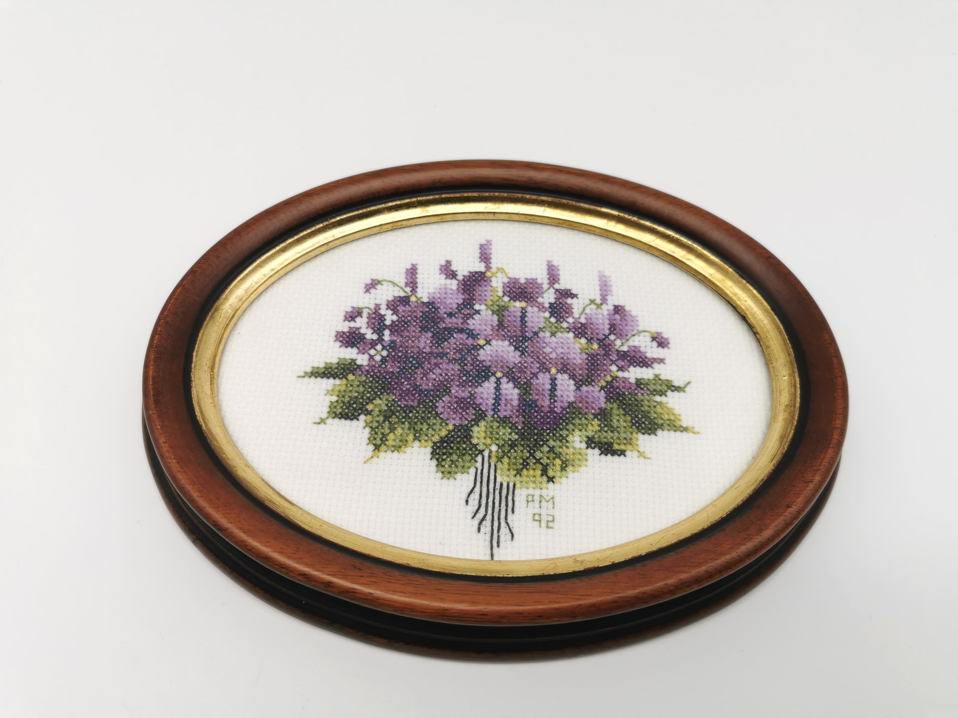 Vintage Hand-Embroidered Sweet Violets Floral Cross Stitch