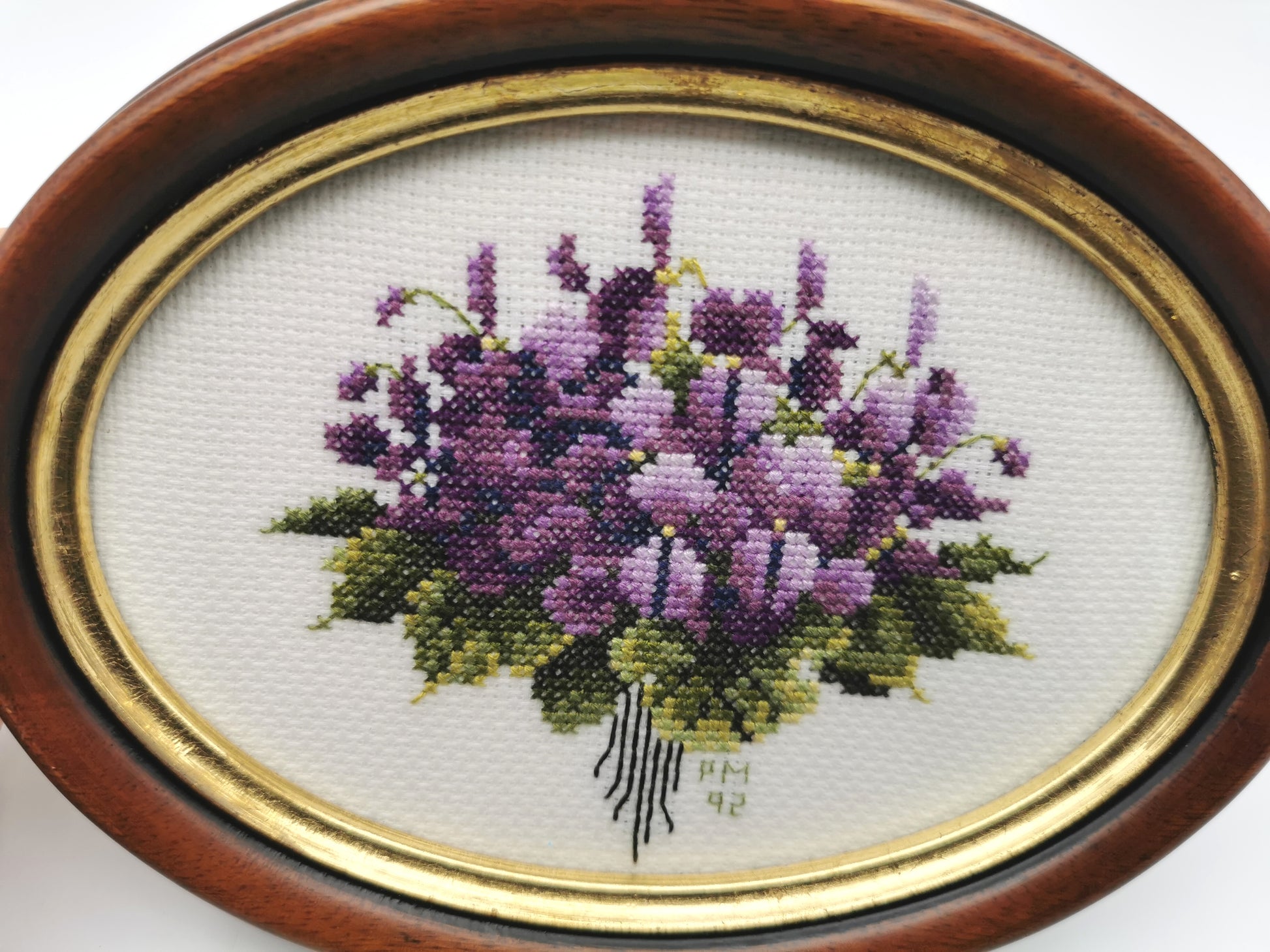 Vintage Hand-Embroidered Sweet Violets Floral Cross Stitch