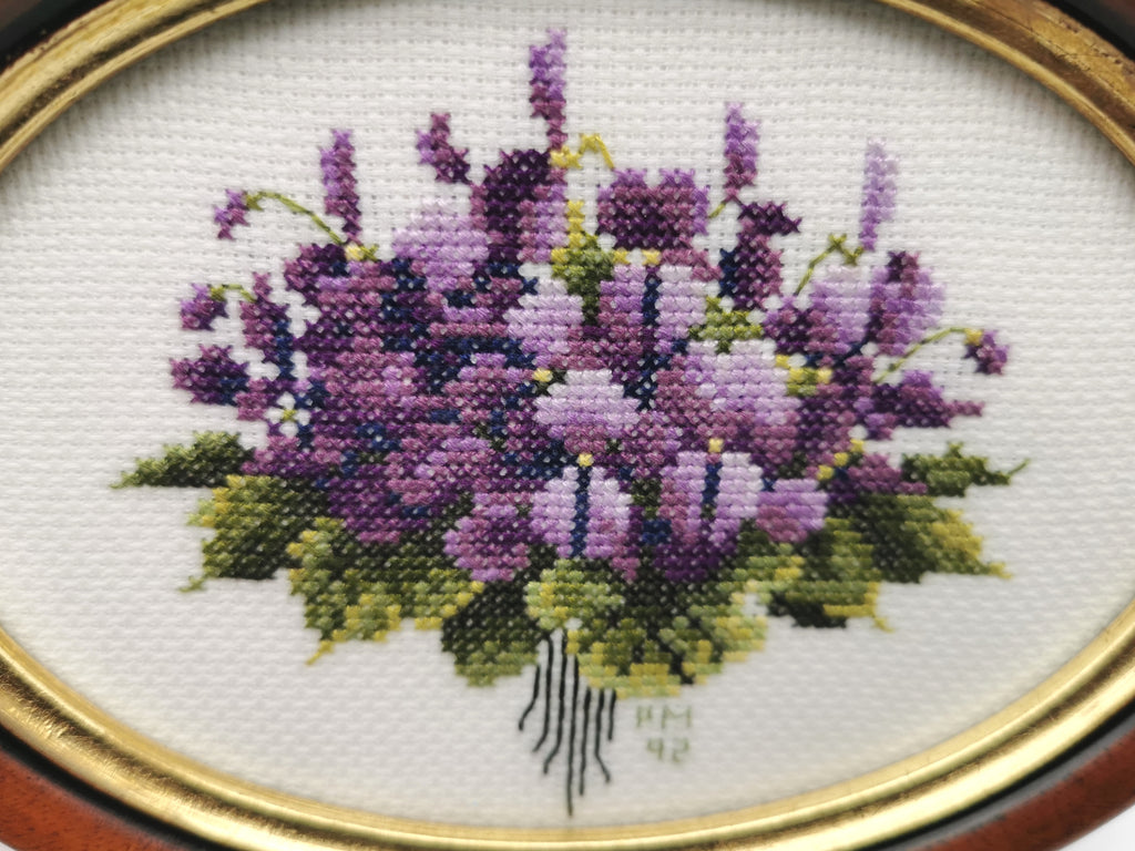Vintage Hand-Embroidered Sweet Violets Floral Cross Stitch