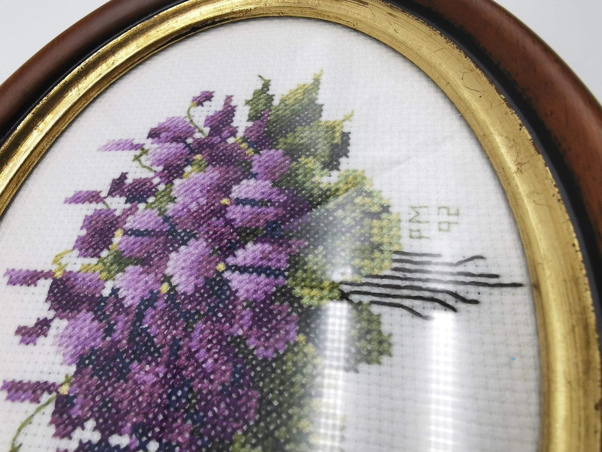 Vintage Hand-Embroidered Sweet Violets Floral Cross Stitch