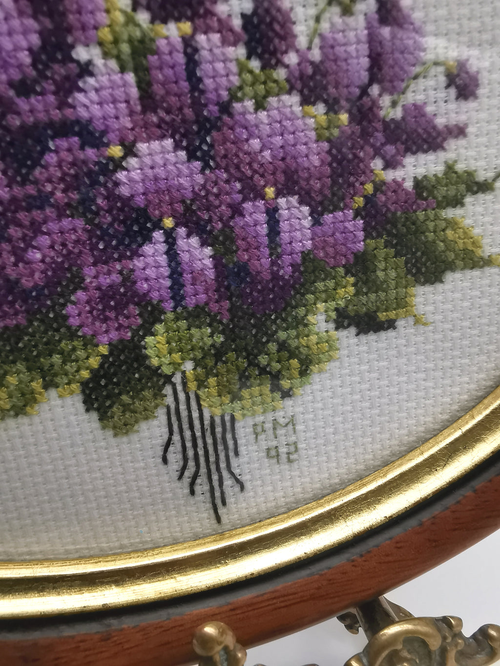 Vintage Hand-Embroidered Sweet Violets Floral Cross Stitch