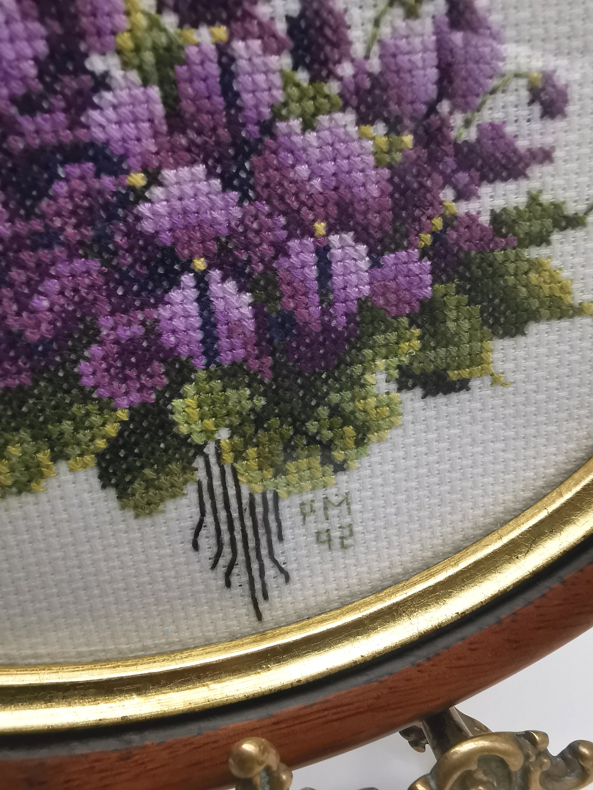 Vintage Hand-Embroidered Sweet Violets Floral Cross Stitch