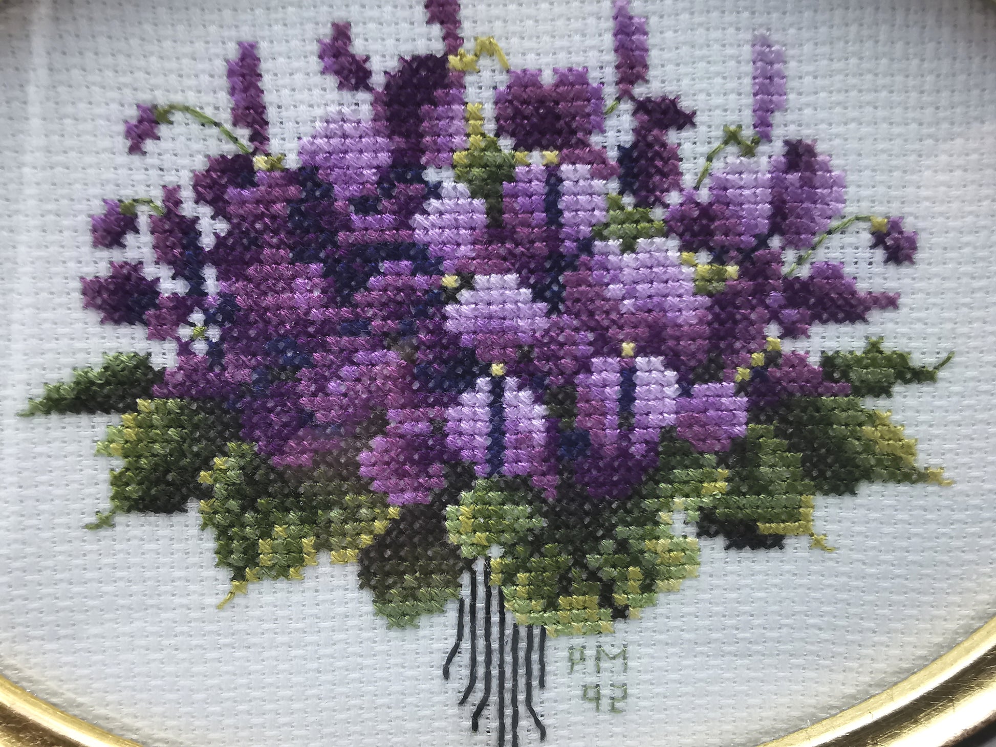 Vintage Hand-Embroidered Sweet Violets Floral Cross Stitch