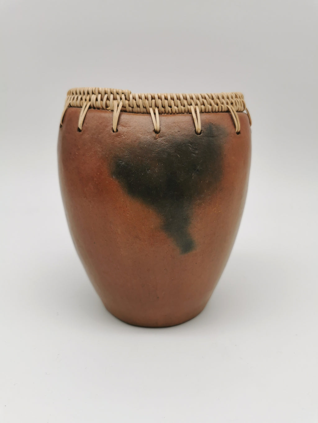 Vintage Lombok Sasak Pottery Vessel - Woven Rattan Rim, Pit-Fired Terracotta