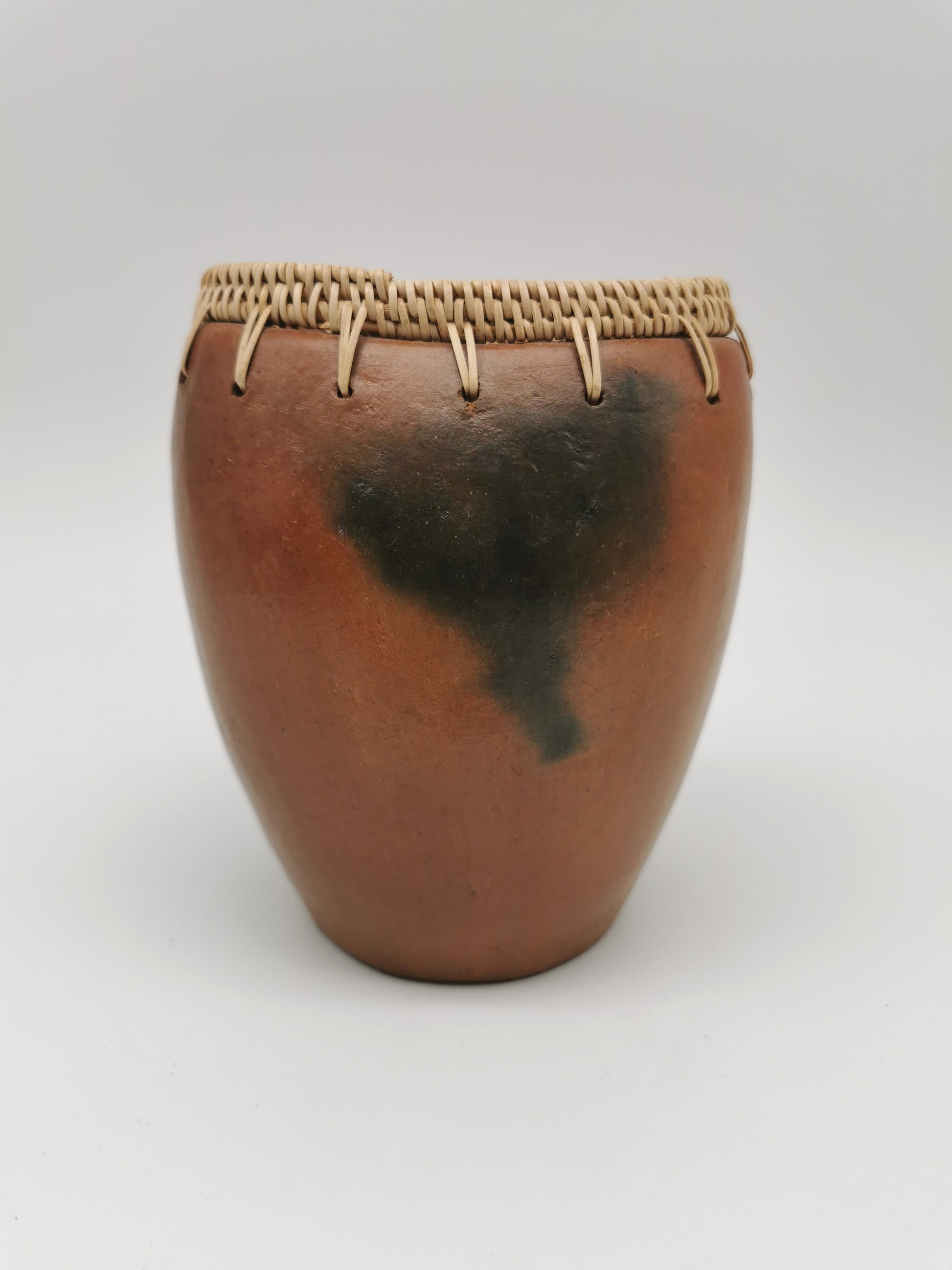 Vintage Lombok Sasak Pottery Vessel - Woven Rattan Rim, Pit-Fired Terracotta