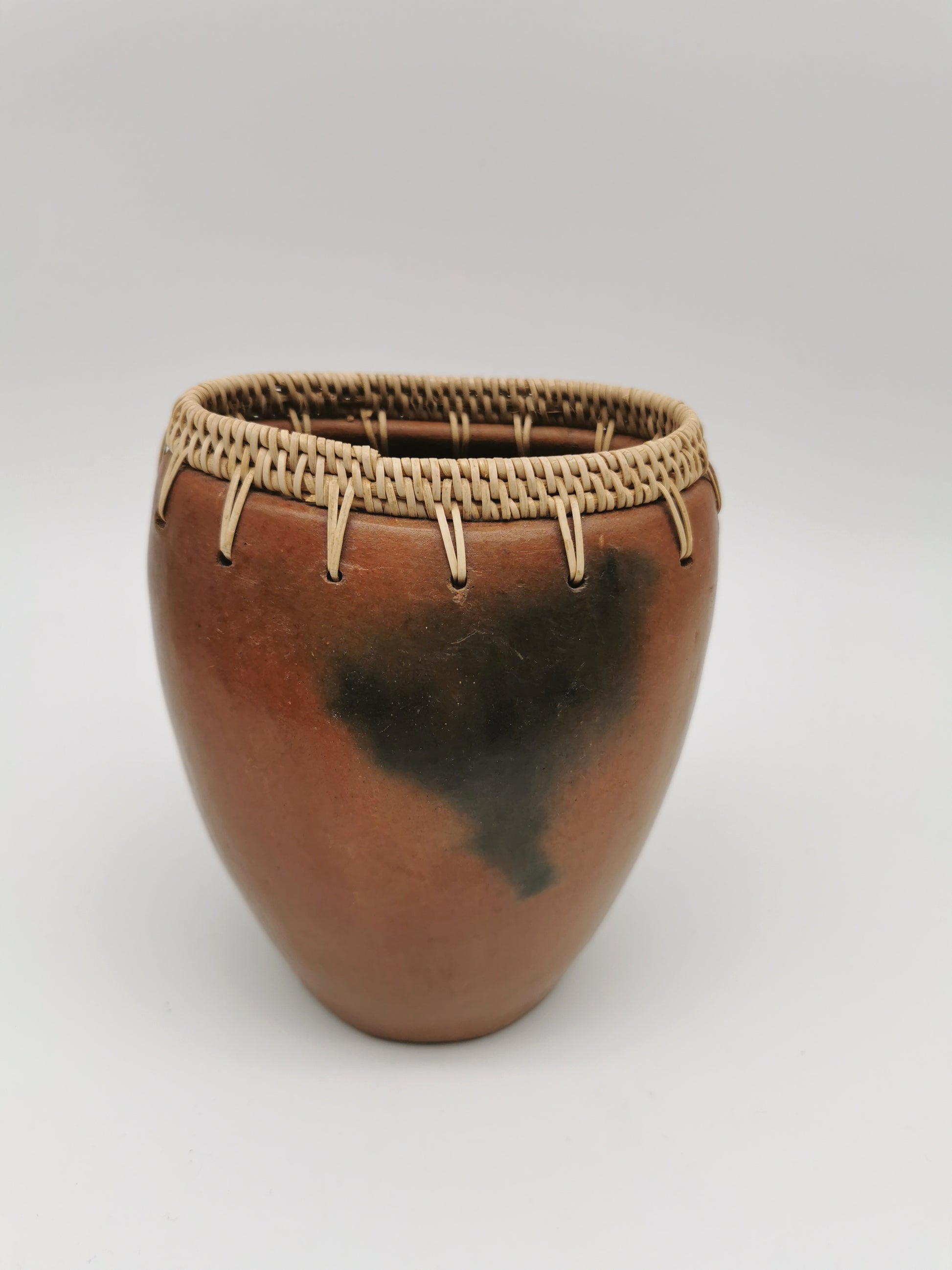 Vintage Lombok Sasak Pottery Vessel - Woven Rattan Rim, Pit-Fired Terracotta
