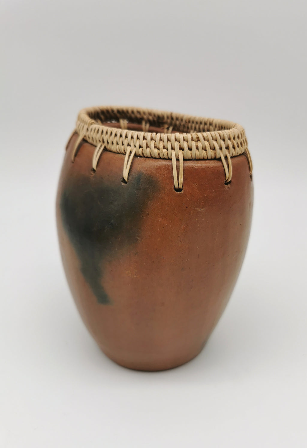 Vintage Lombok Sasak Pottery Vessel - Woven Rattan Rim, Pit-Fired Terracotta