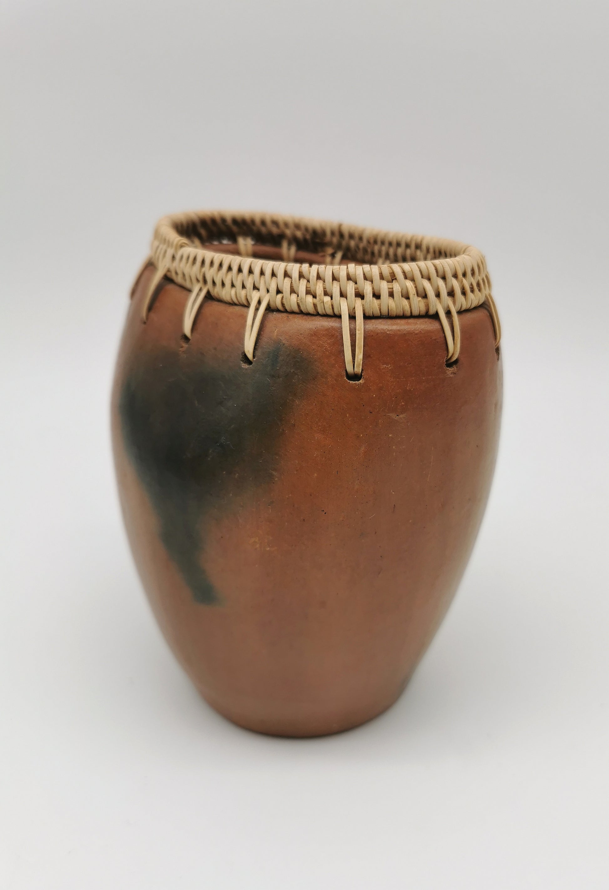 Vintage Lombok Sasak Pottery Vessel - Woven Rattan Rim, Pit-Fired Terracotta