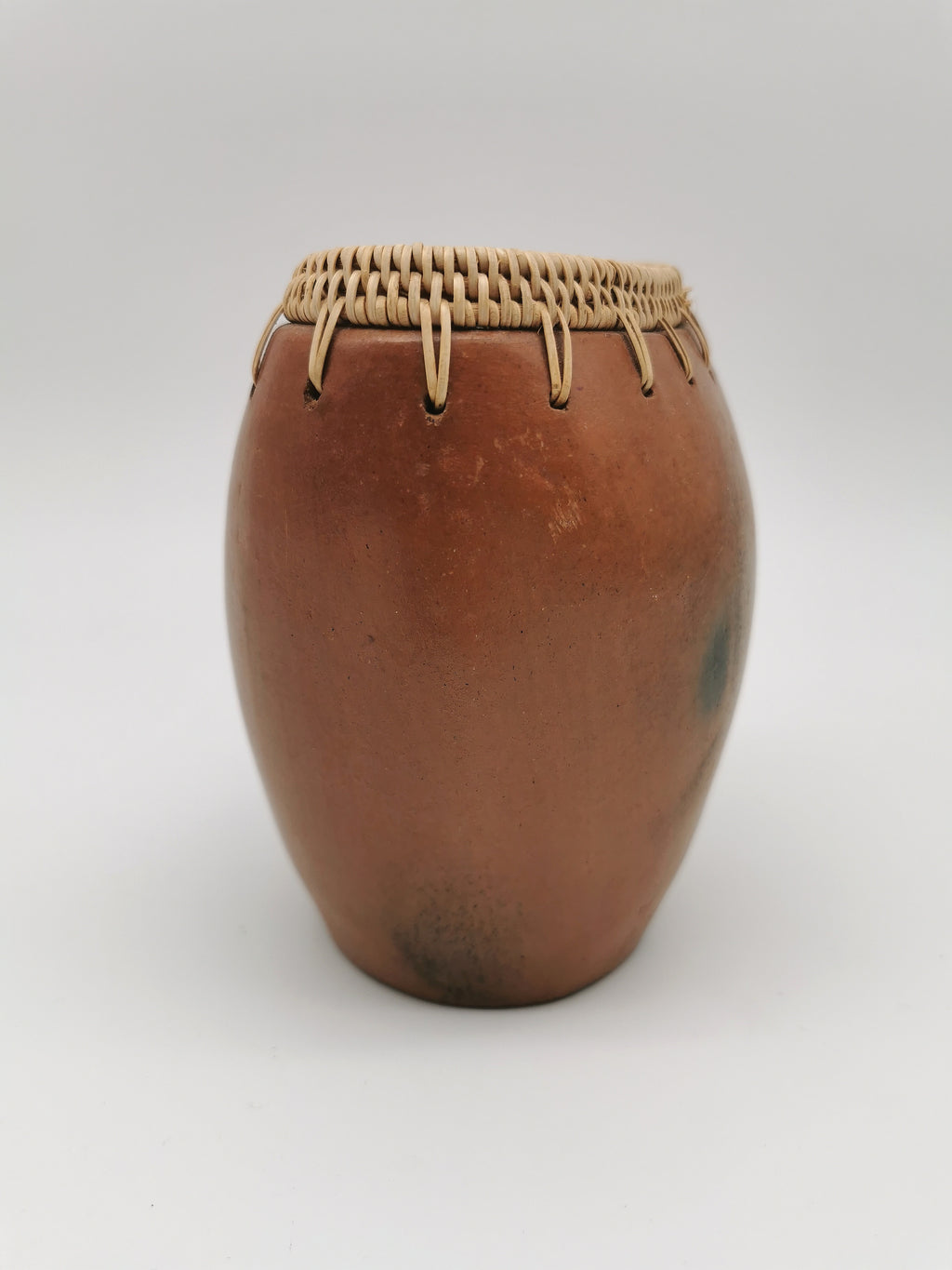 Vintage Lombok Sasak Pottery Vessel - Woven Rattan Rim, Pit-Fired Terracotta