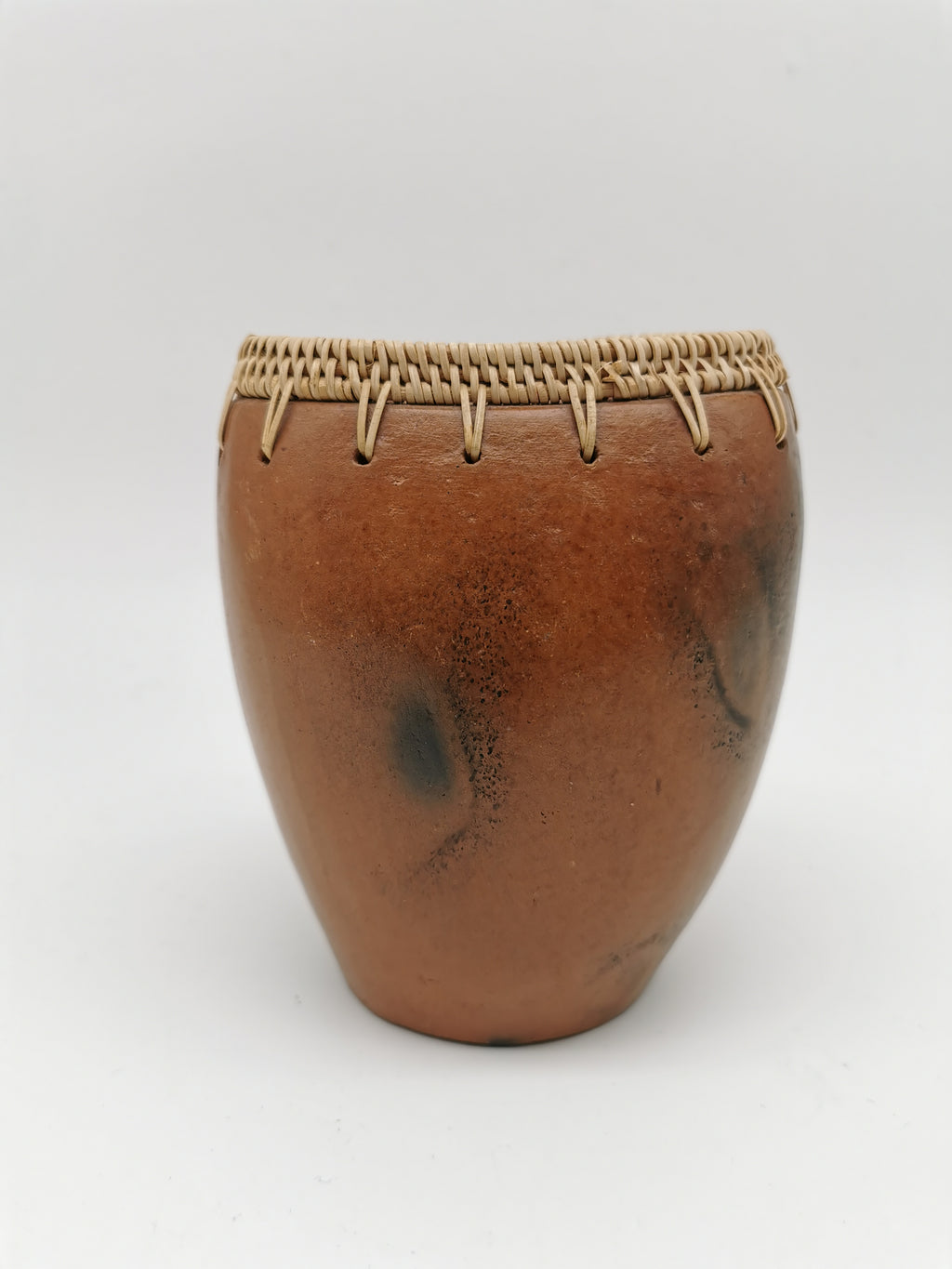 Vintage Lombok Sasak Pottery Vessel - Woven Rattan Rim, Pit-Fired Terracotta