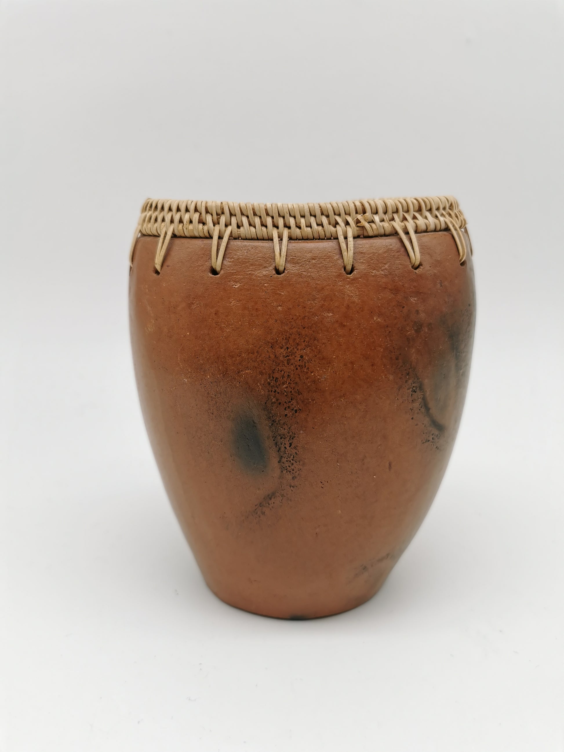 Vintage Lombok Sasak Pottery Vessel - Woven Rattan Rim, Pit-Fired Terracotta