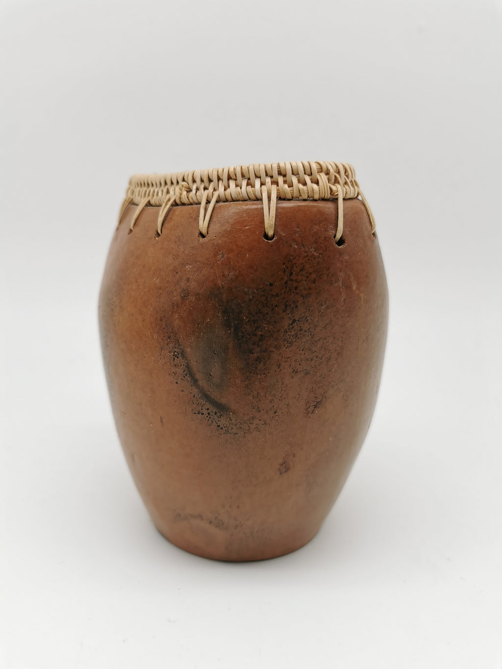 Vintage Lombok Sasak Pottery Vessel - Woven Rattan Rim, Pit-Fired Terracotta
