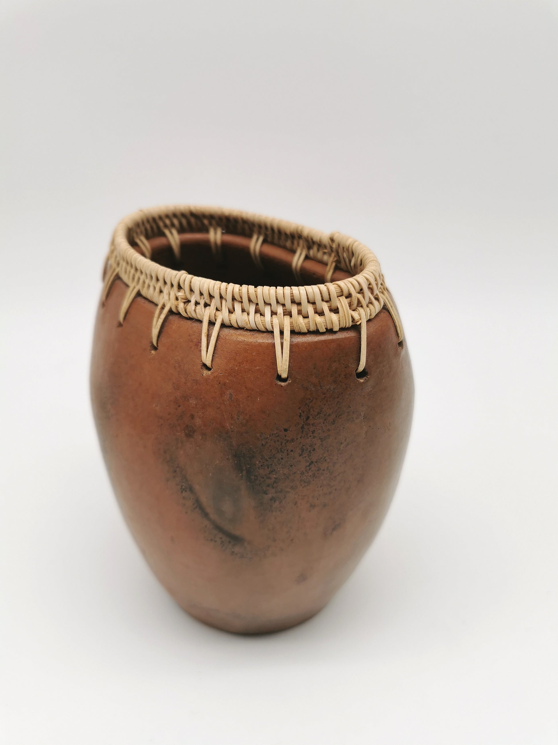 Vintage Lombok Sasak Pottery Vessel - Woven Rattan Rim, Pit-Fired Terracotta