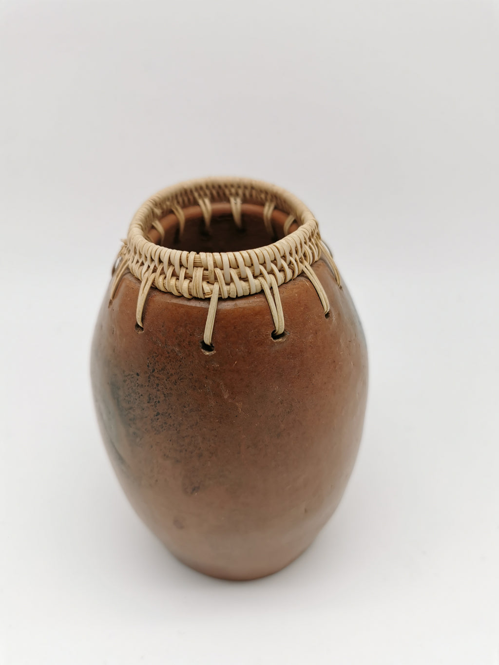 Vintage Lombok Sasak Pottery Vessel - Woven Rattan Rim, Pit-Fired Terracotta