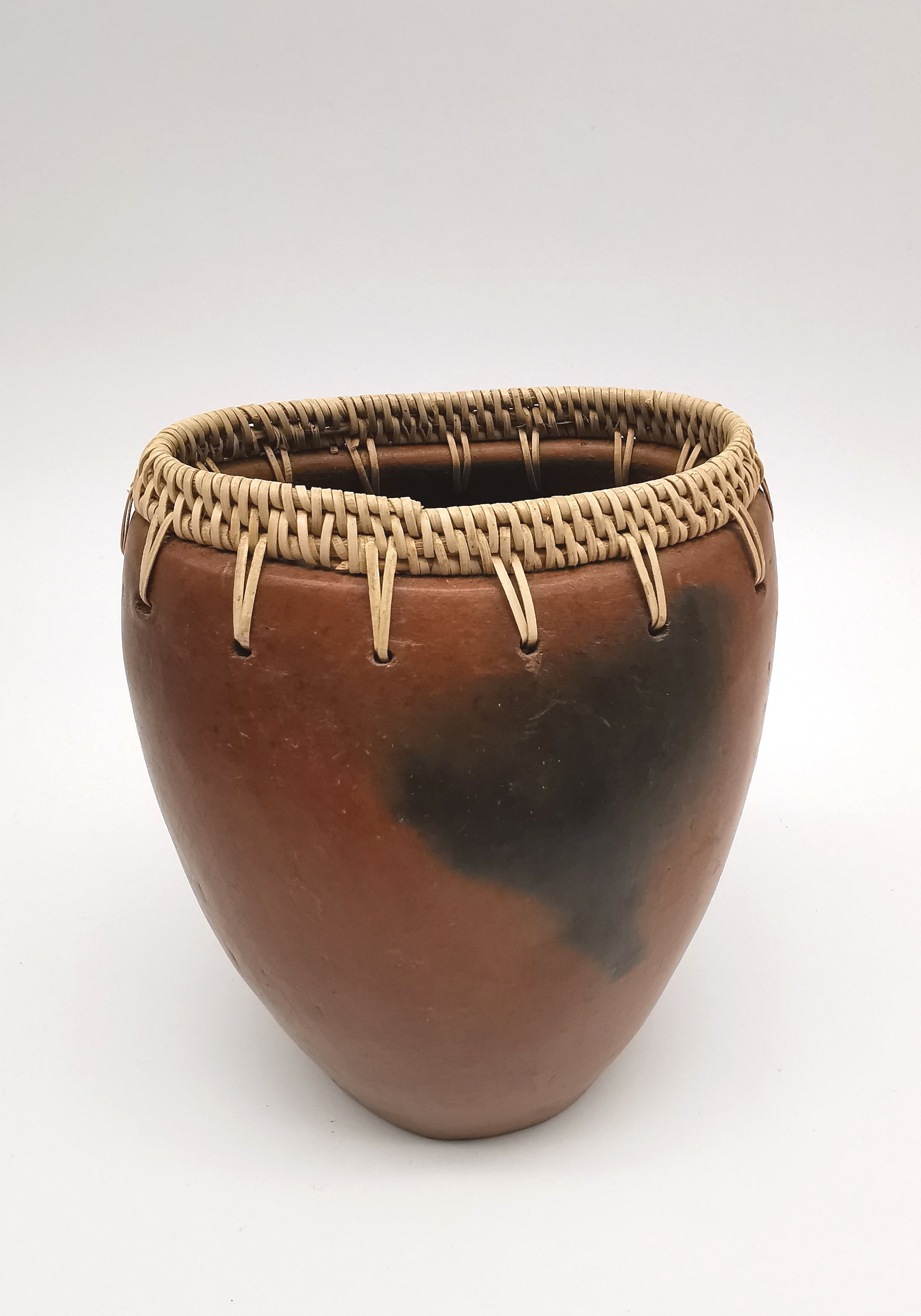 Vintage Lombok Sasak Pottery Vessel - Woven Rattan Rim, Pit-Fired Terracotta