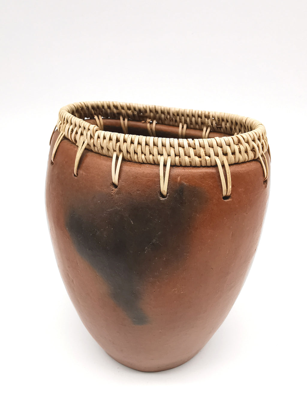 Vintage Lombok Sasak Pottery Vessel - Woven Rattan Rim, Pit-Fired Terracotta