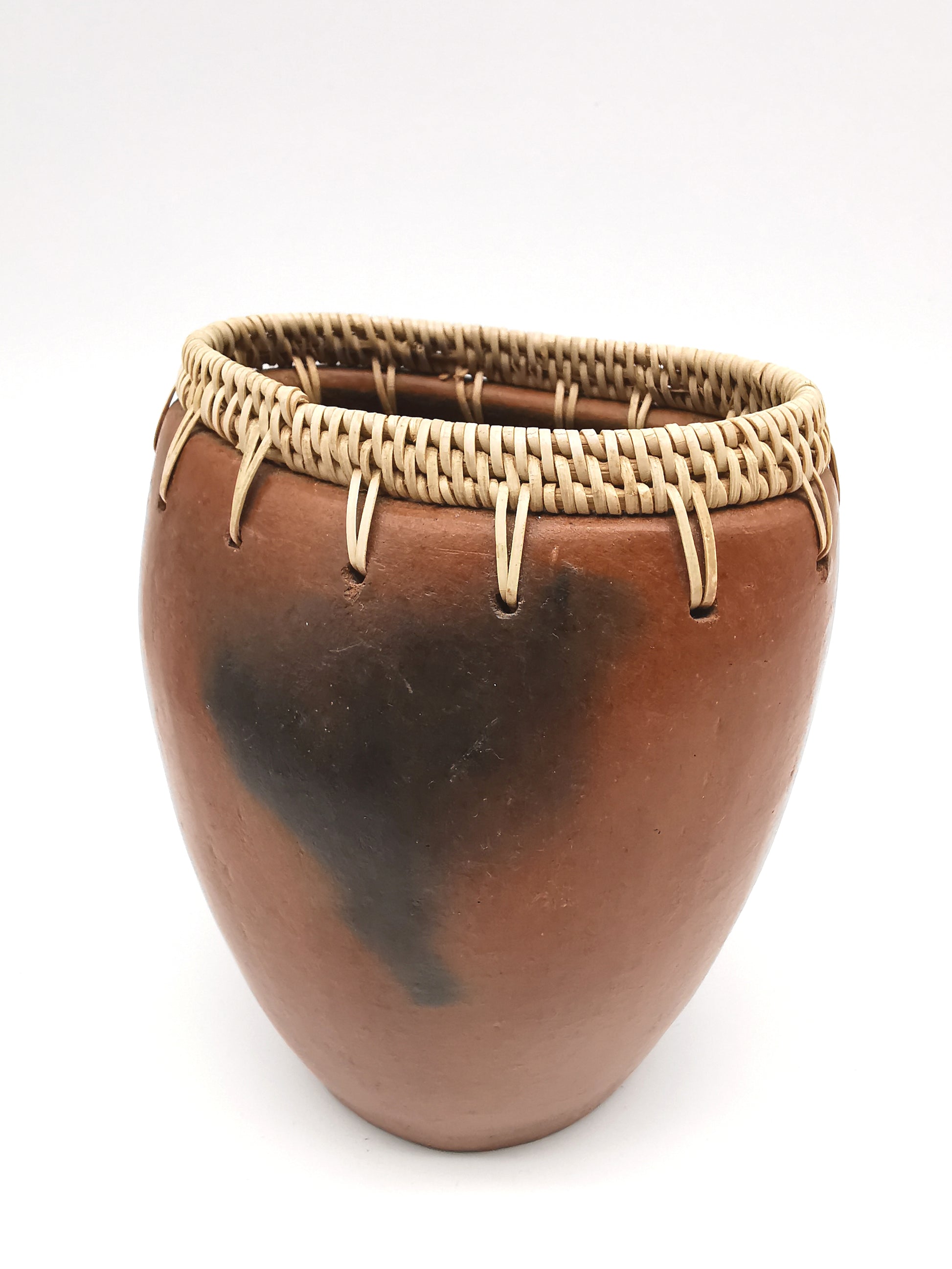 Vintage Lombok Sasak Pottery Vessel - Woven Rattan Rim, Pit-Fired Terracotta