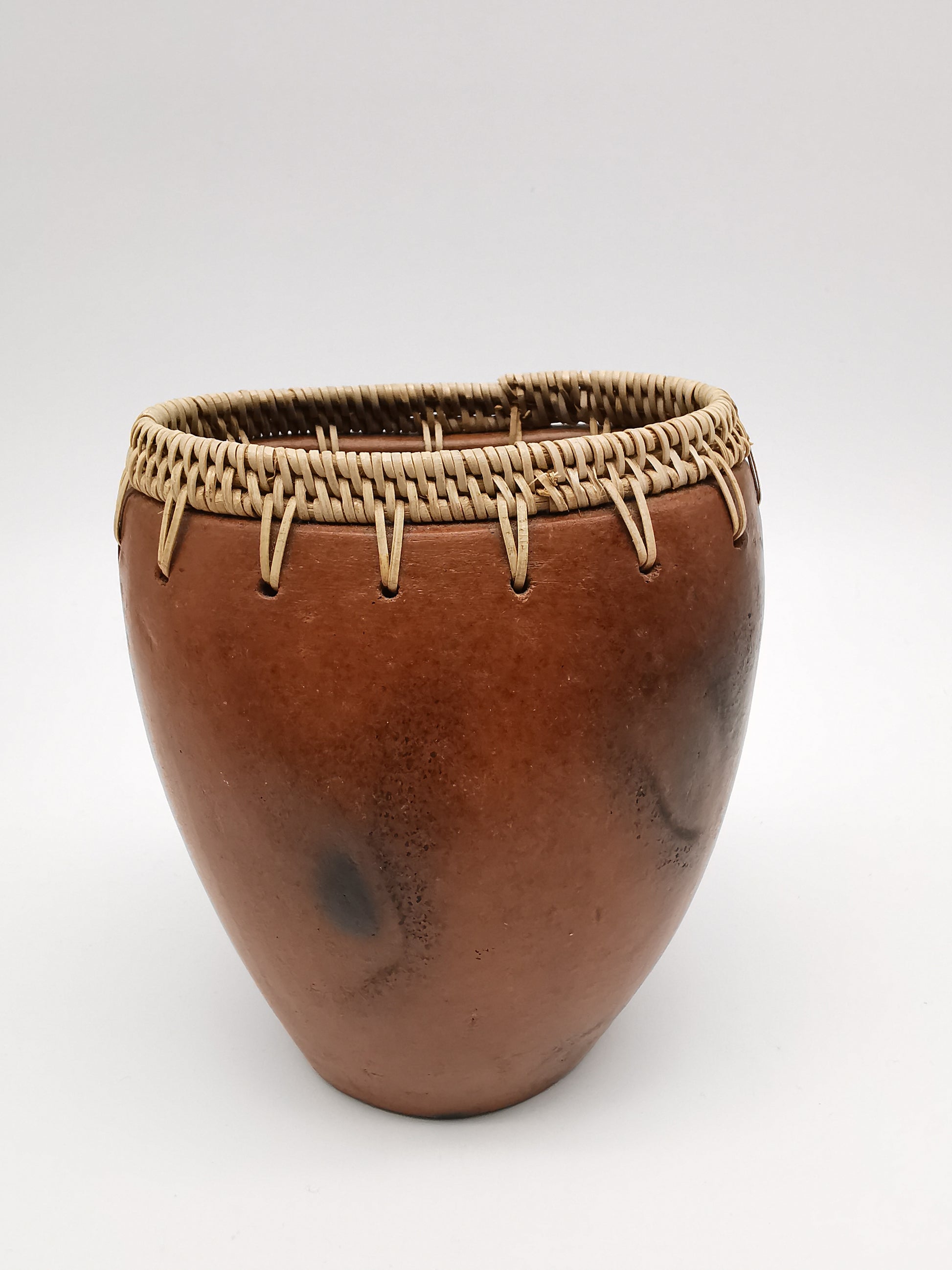 Vintage Lombok Sasak Pottery Vessel - Woven Rattan Rim, Pit-Fired Terracotta