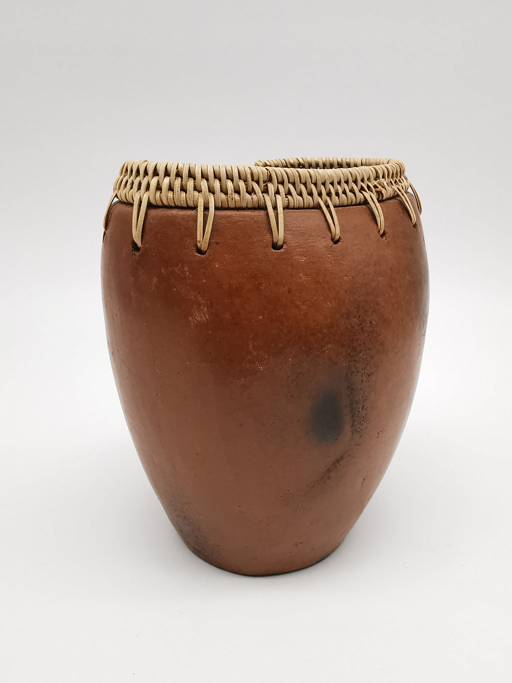 Vintage Lombok Sasak Pottery Vessel - Woven Rattan Rim, Pit-Fired Terracotta