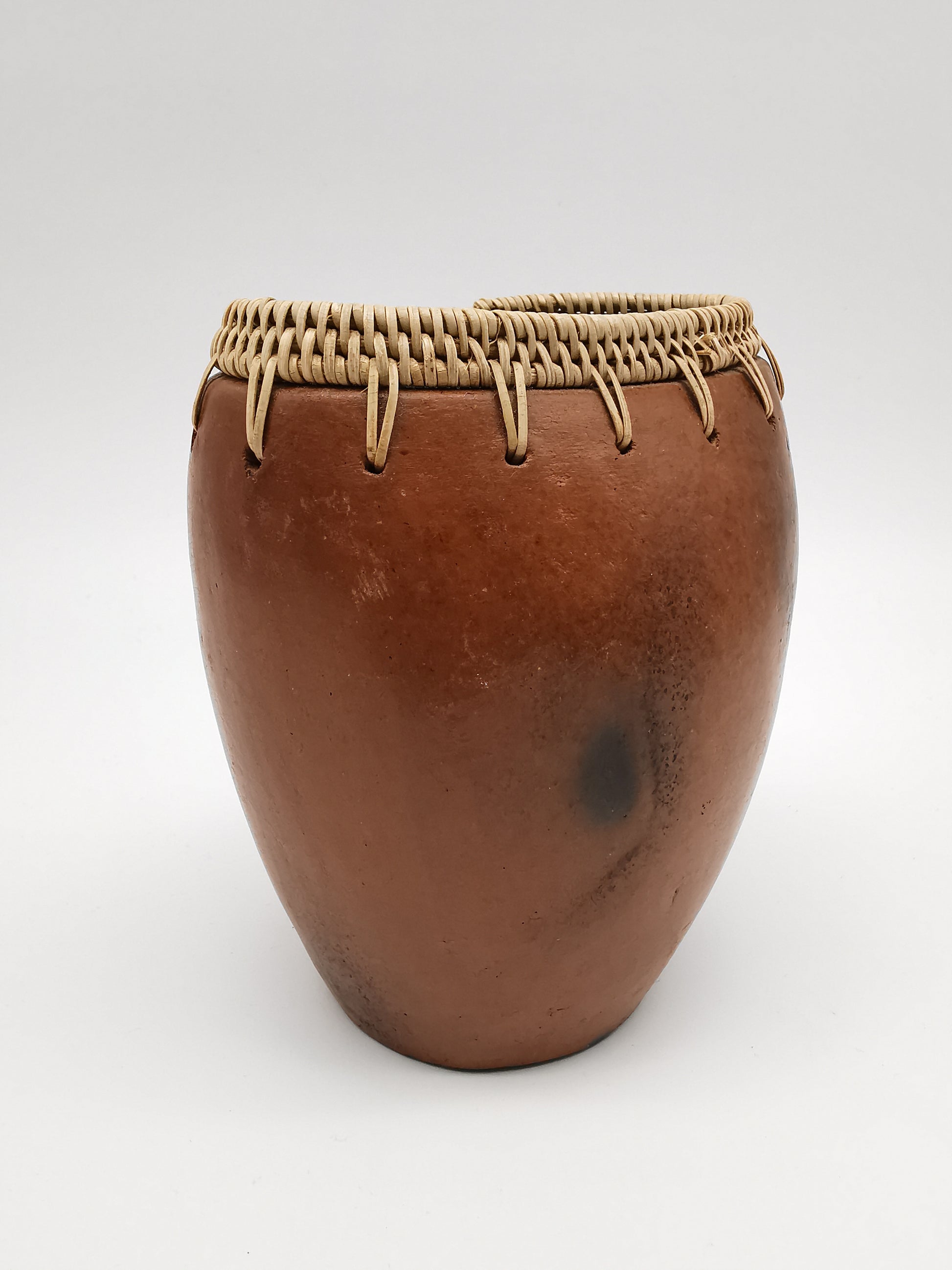 Vintage Lombok Sasak Pottery Vessel - Woven Rattan Rim, Pit-Fired Terracotta