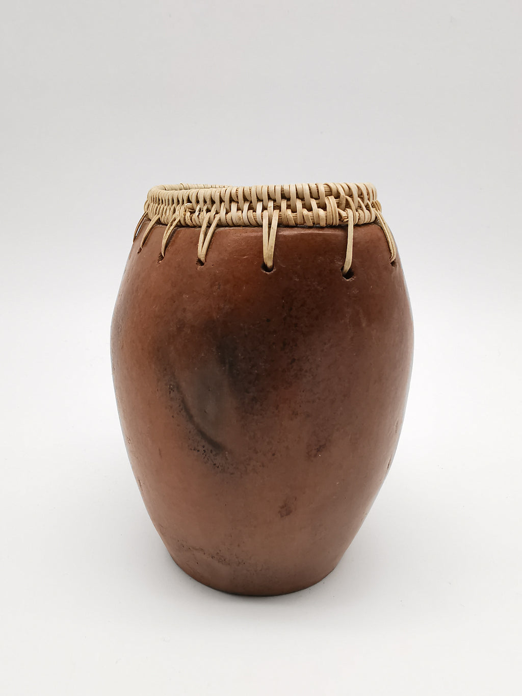 Vintage Lombok Sasak Pottery Vessel - Woven Rattan Rim, Pit-Fired Terracotta