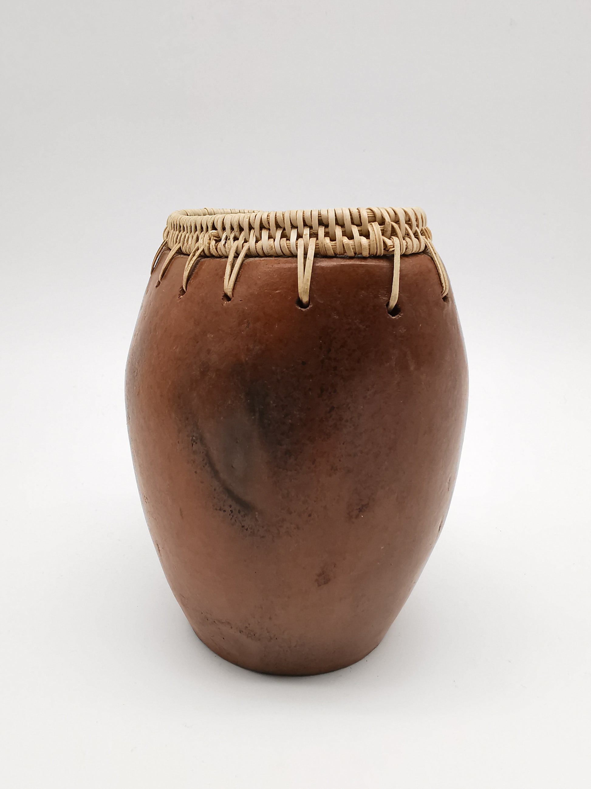 Vintage Lombok Sasak Pottery Vessel - Woven Rattan Rim, Pit-Fired Terracotta