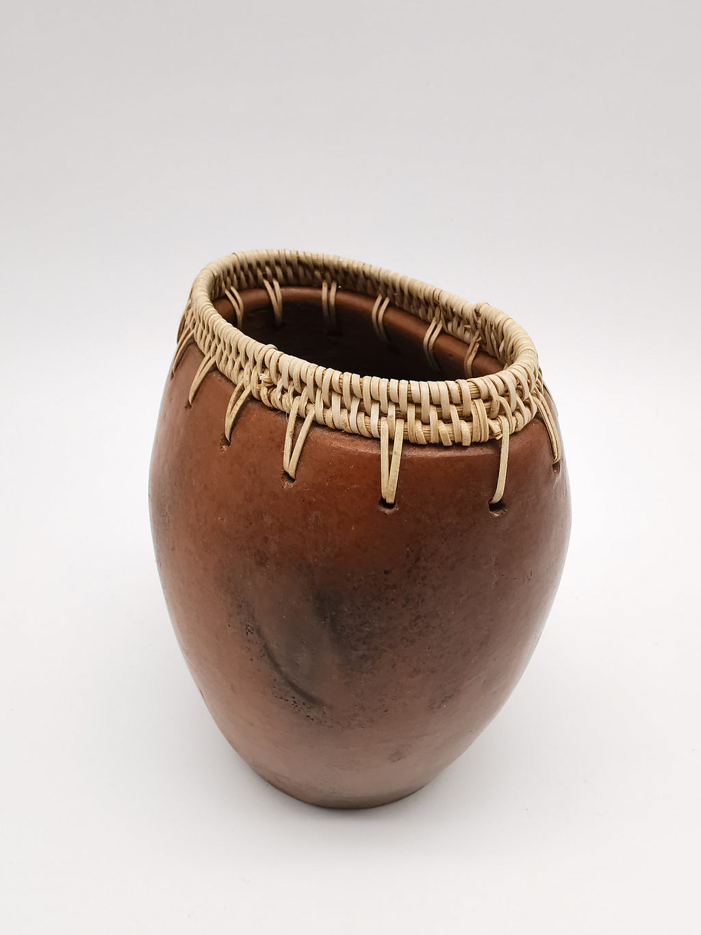 Vintage Lombok Sasak Pottery Vessel - Woven Rattan Rim, Pit-Fired Terracotta