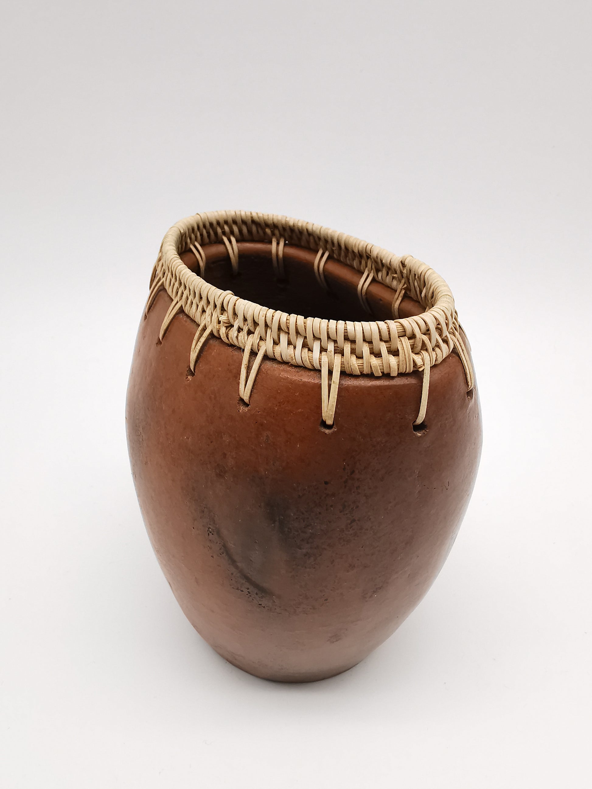 Vintage Lombok Sasak Pottery Vessel - Woven Rattan Rim, Pit-Fired Terracotta