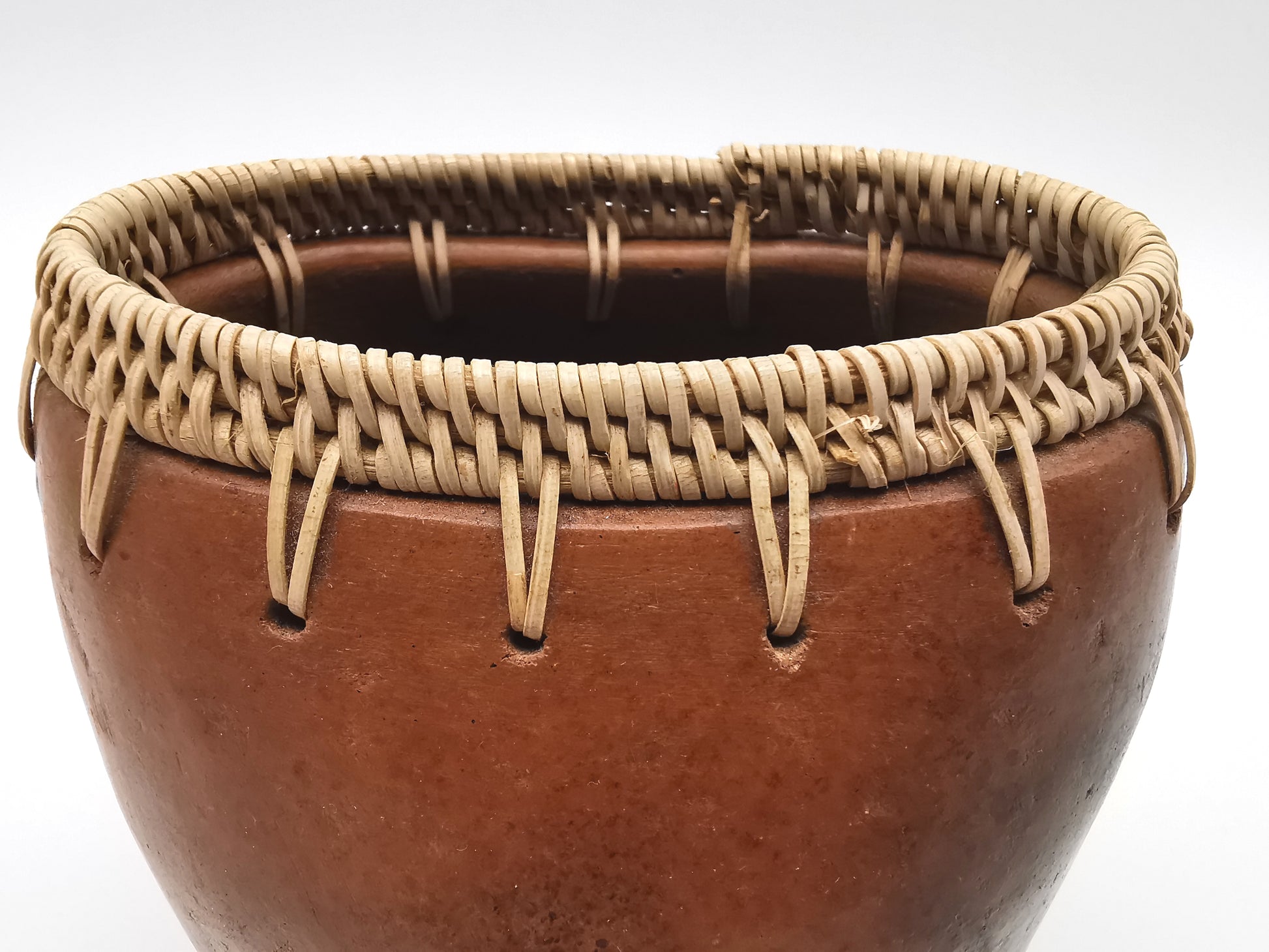 Vintage Lombok Sasak Pottery Vessel - Woven Rattan Rim, Pit-Fired Terracotta