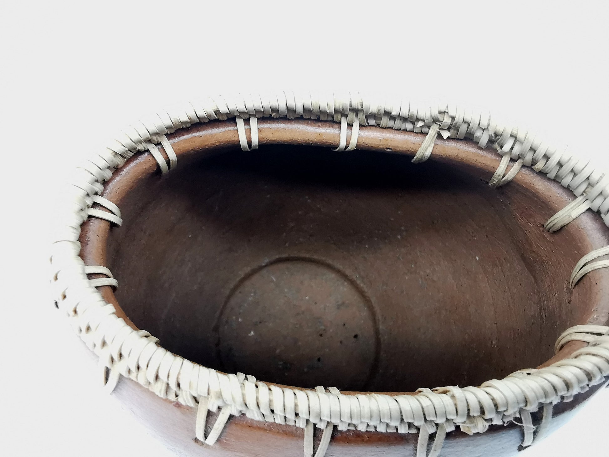 Vintage Lombok Sasak Pottery Vessel - Woven Rattan Rim, Pit-Fired Terracotta